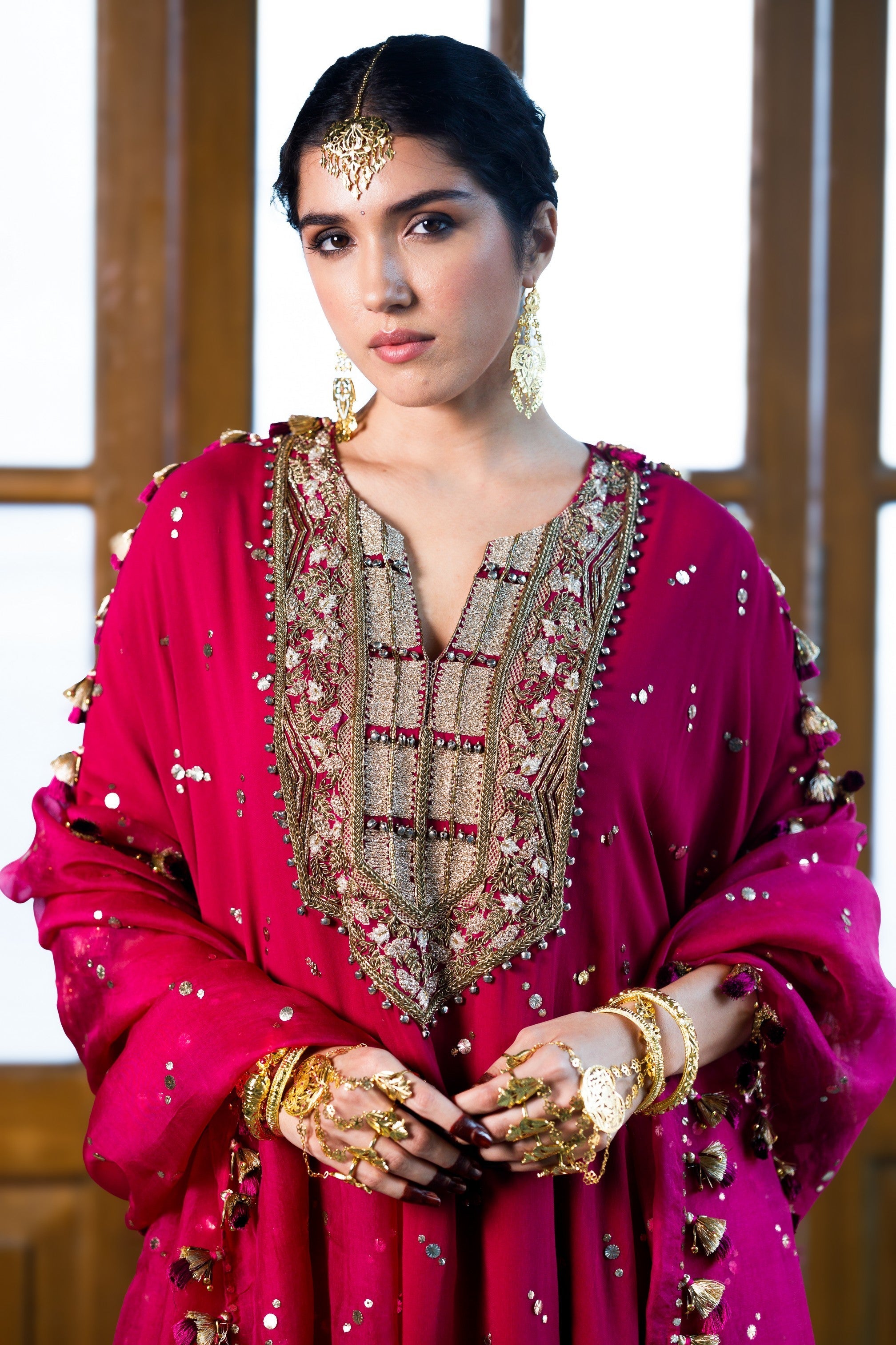 Magenta Pink Embroidered Kaftan And Frill Sharara With Dupatta