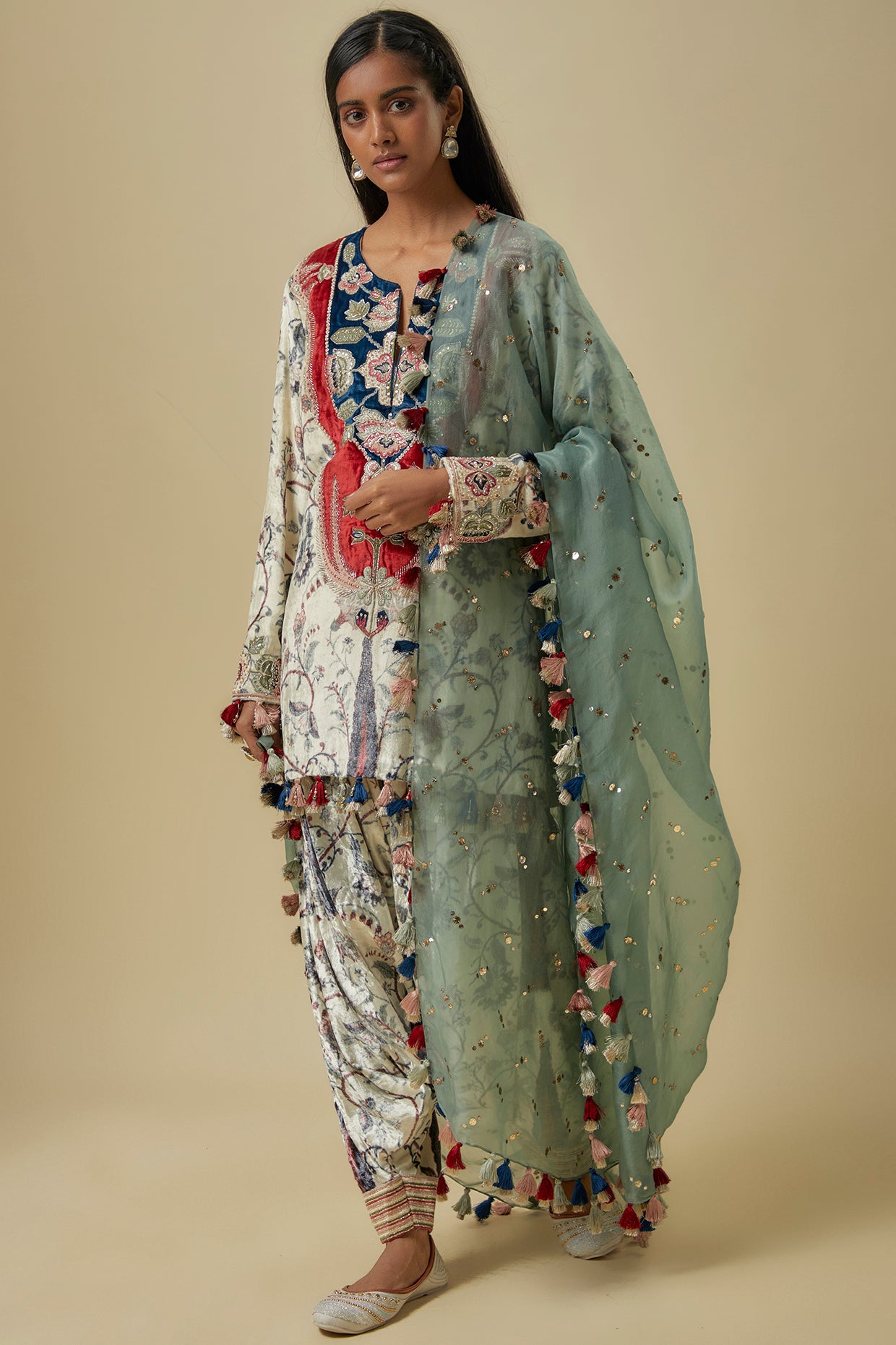 Blue Forest Whisper Print Velvet Embroidered Yoke Kurta With Patiala Salwar And Mint Mukaish Organza Dupatta.