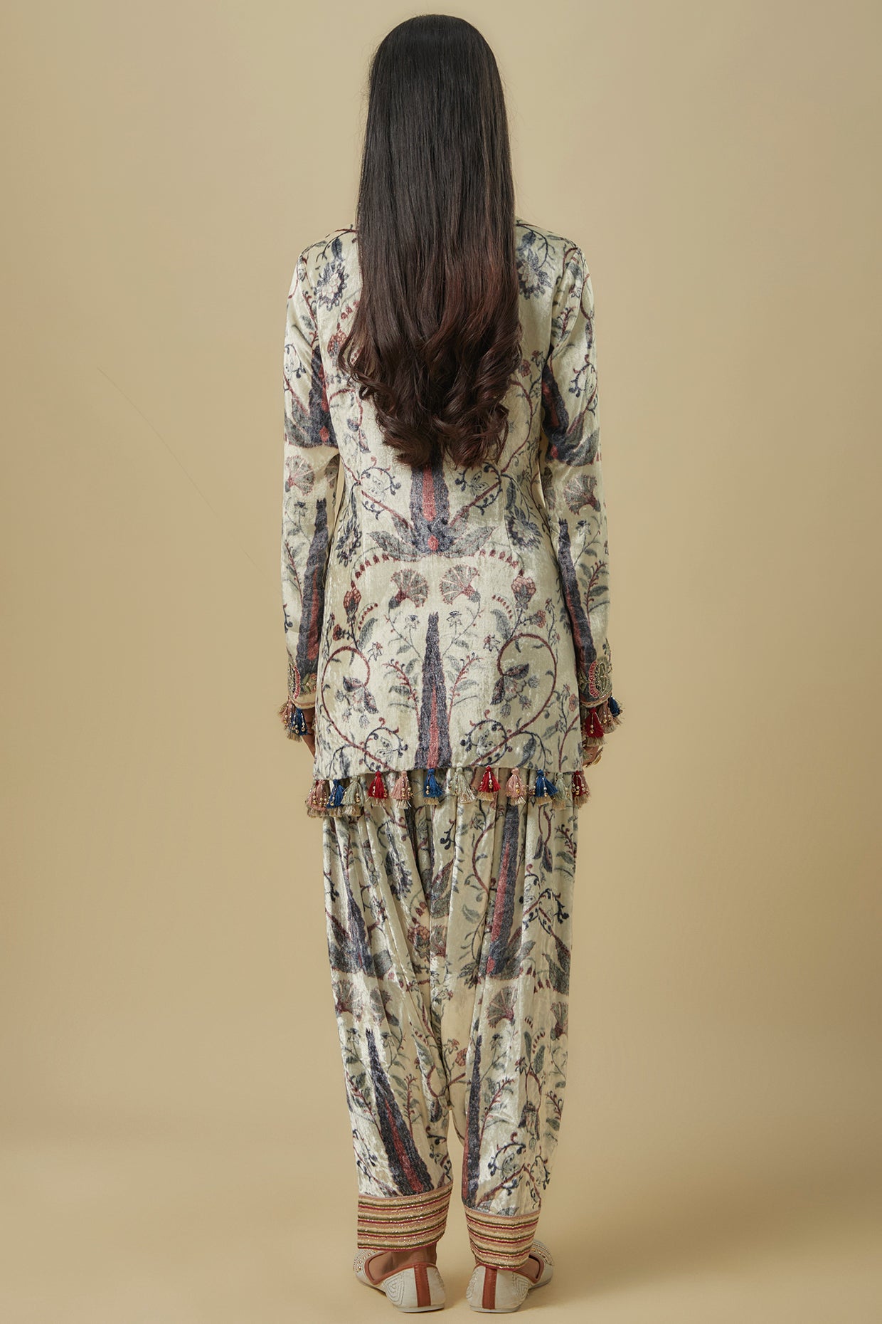 Blue Forest Whisper Print Velvet Embroidered Yoke Kurta With Patiala Salwar And Mint Mukaish Organza Dupatta.