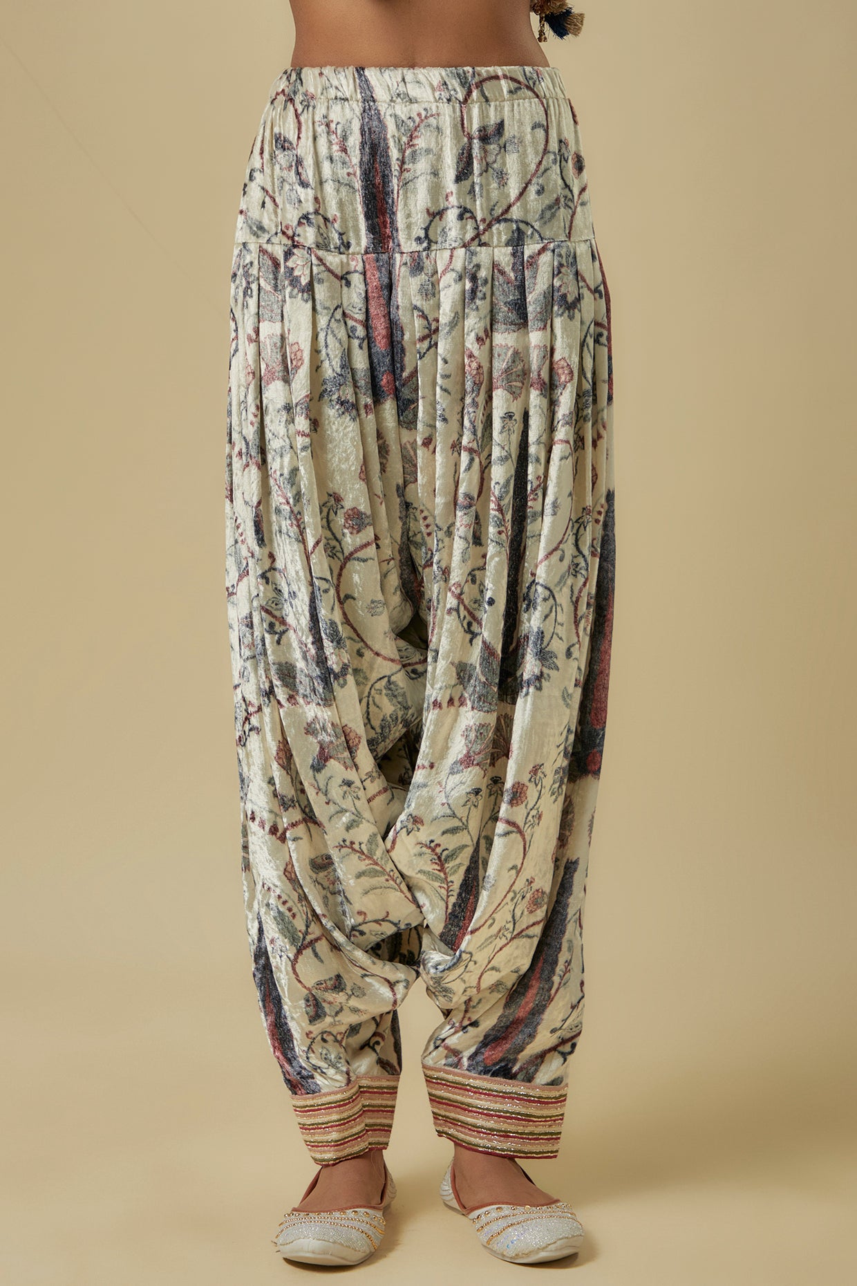 Blue Forest Whisper Print Velvet Embroidered Yoke Kurta With Patiala Salwar And Mint Mukaish Organza Dupatta.