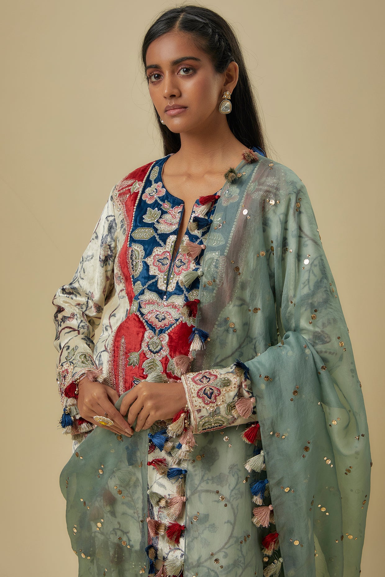 Blue Forest Whisper Print Velvet Embroidered Yoke Kurta With Patiala Salwar And Mint Mukaish Organza Dupatta.