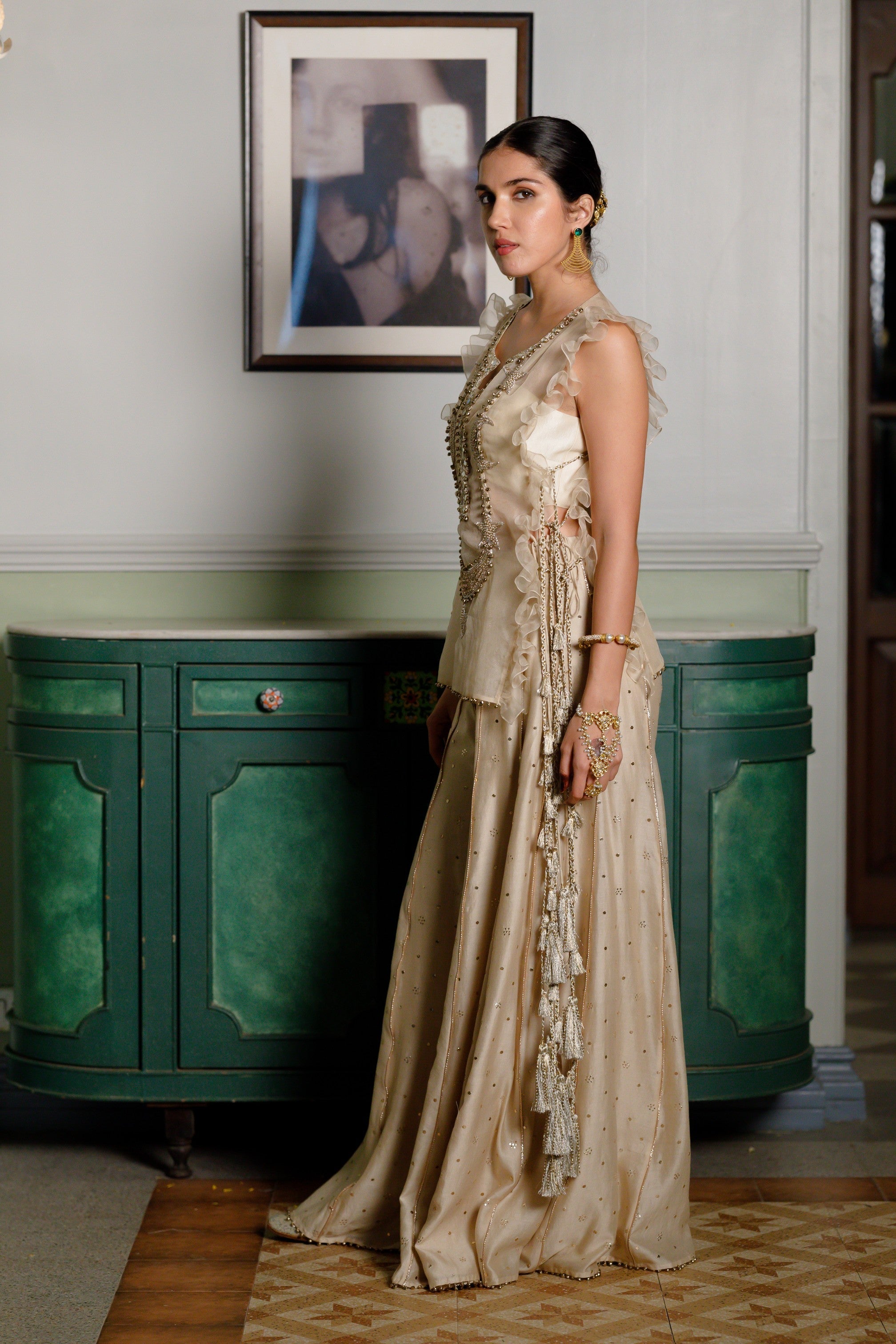 Fawzia Stone Embroidered Long Bib Yoke With Bustier And Sharara