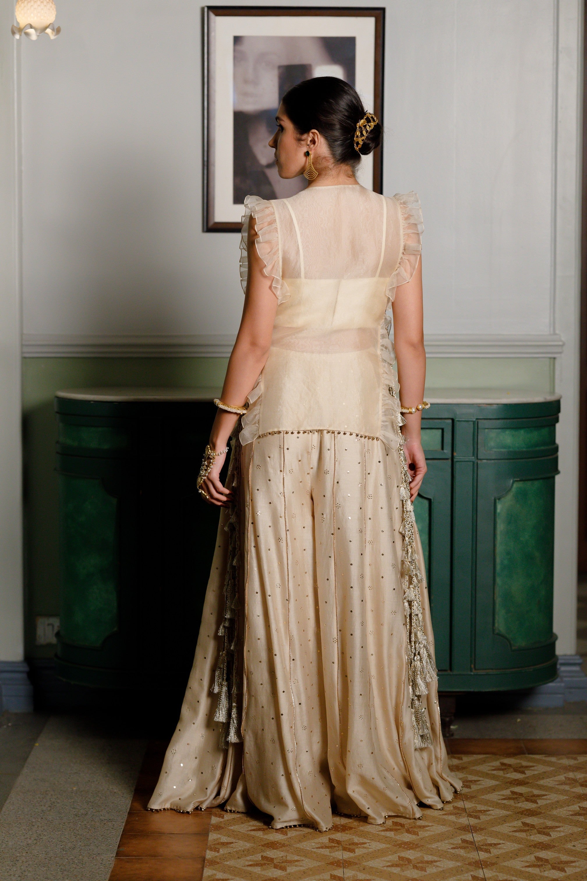 Fawzia Stone Embroidered Long Bib Yoke With Bustier And Sharara