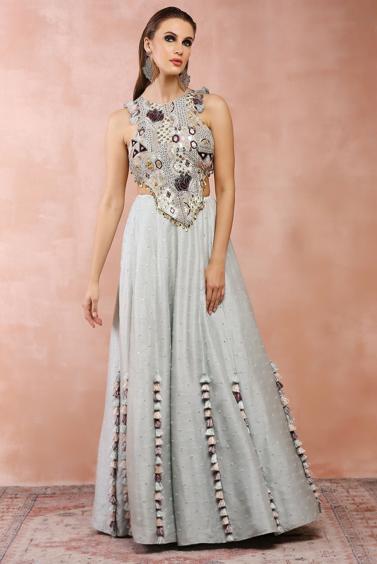Powder blue applique embroidered choli with lehenga.