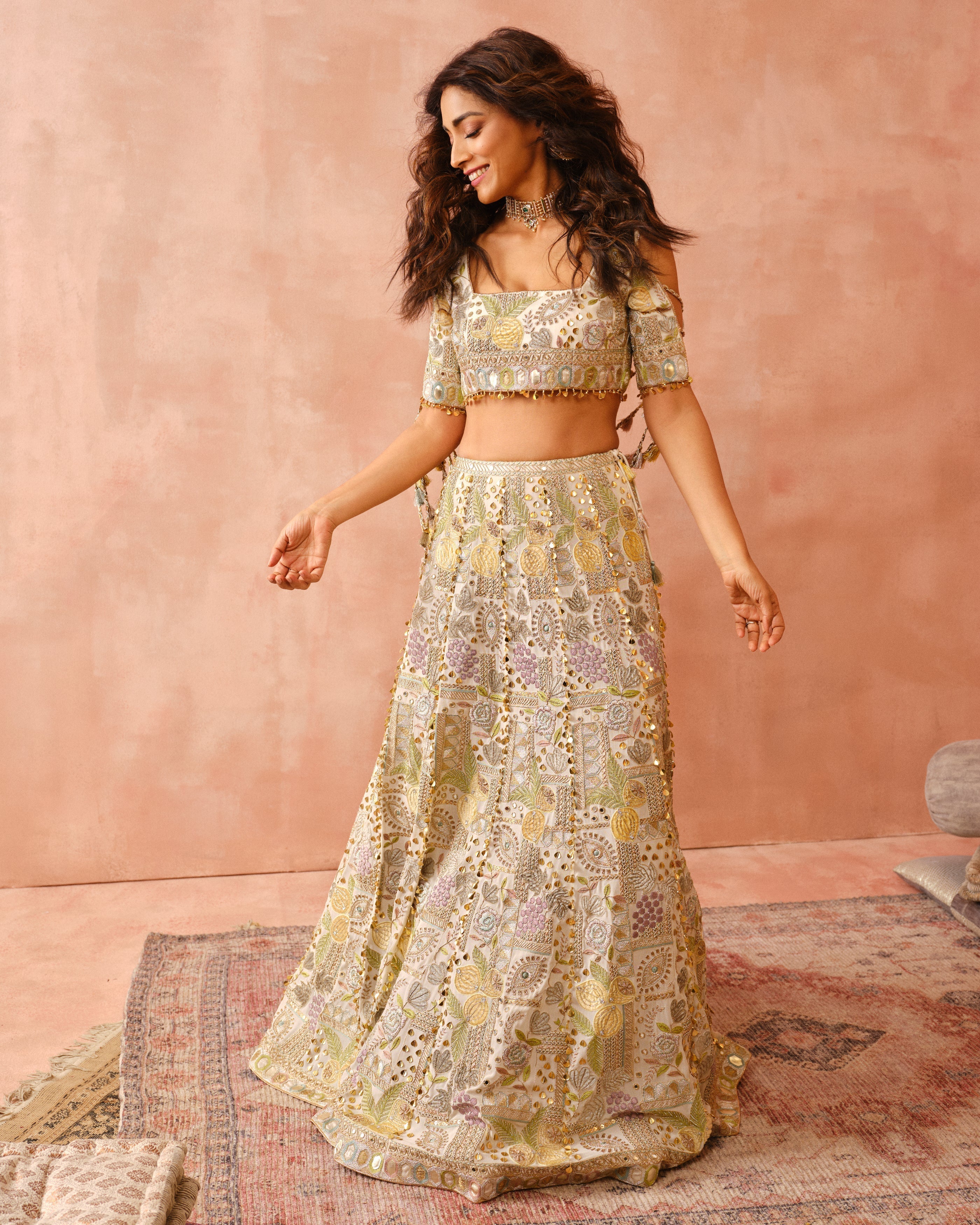 OFF WHITE APPLIQUE EMBROIDERED CHOLI AND LEHENGA WITH DUPATTA