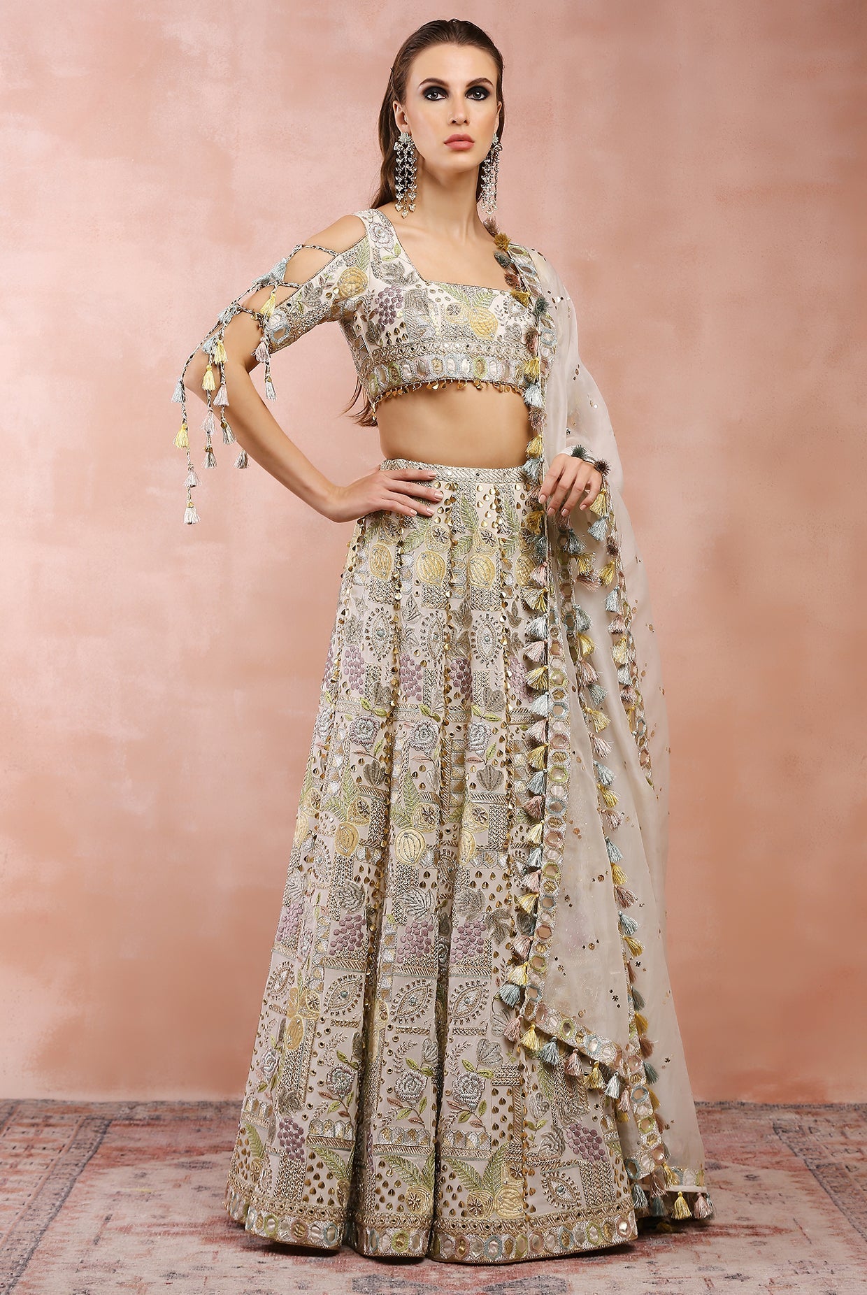 OFF WHITE APPLIQUE EMBROIDERED CHOLI AND LEHENGA WITH DUPATTA