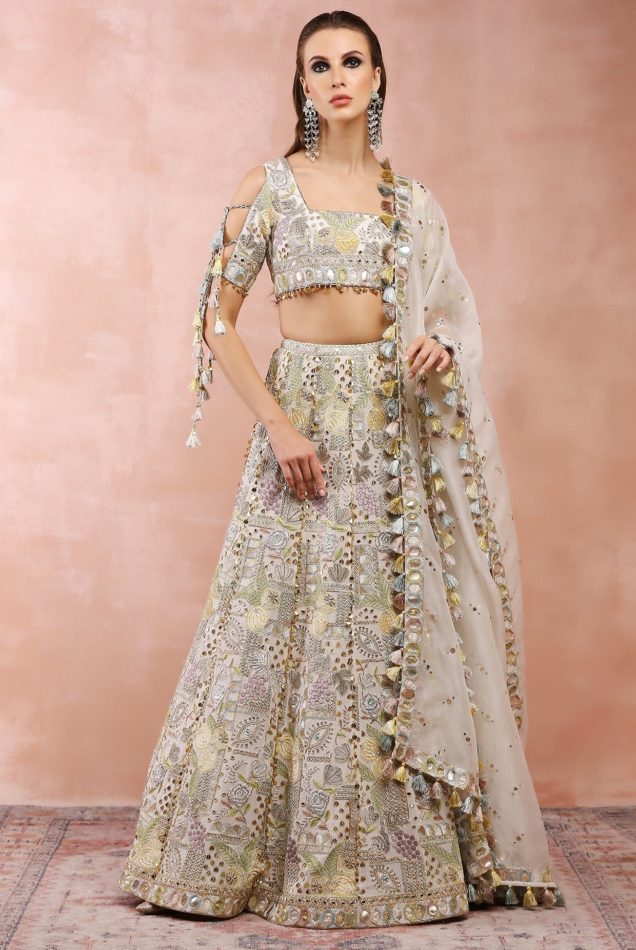 OFF WHITE APPLIQUE EMBROIDERED CHOLI AND LEHENGA WITH DUPATTA