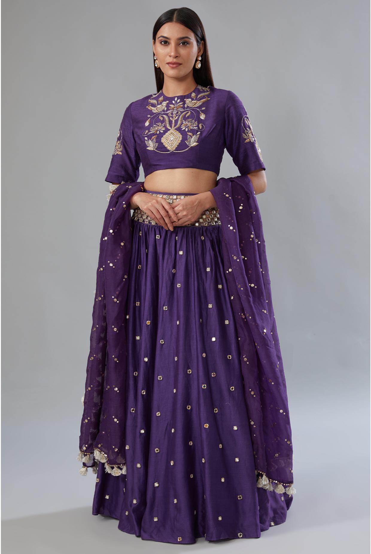 PURPLE EMBROIDERED CHOLI WITH CUTWORK BELT LEHENGA & DUPATTA