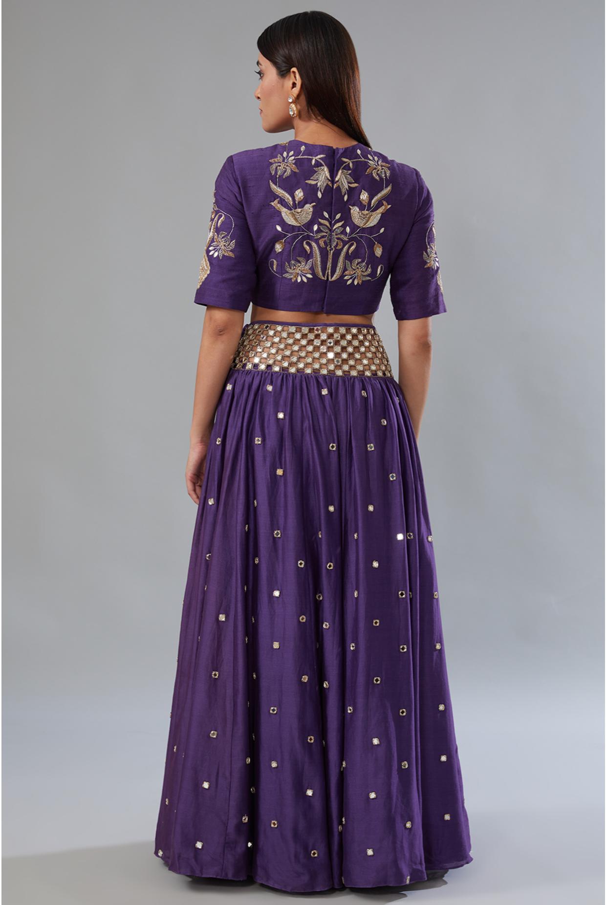 PURPLE EMBROIDERED CHOLI WITH CUTWORK BELT LEHENGA & DUPATTA