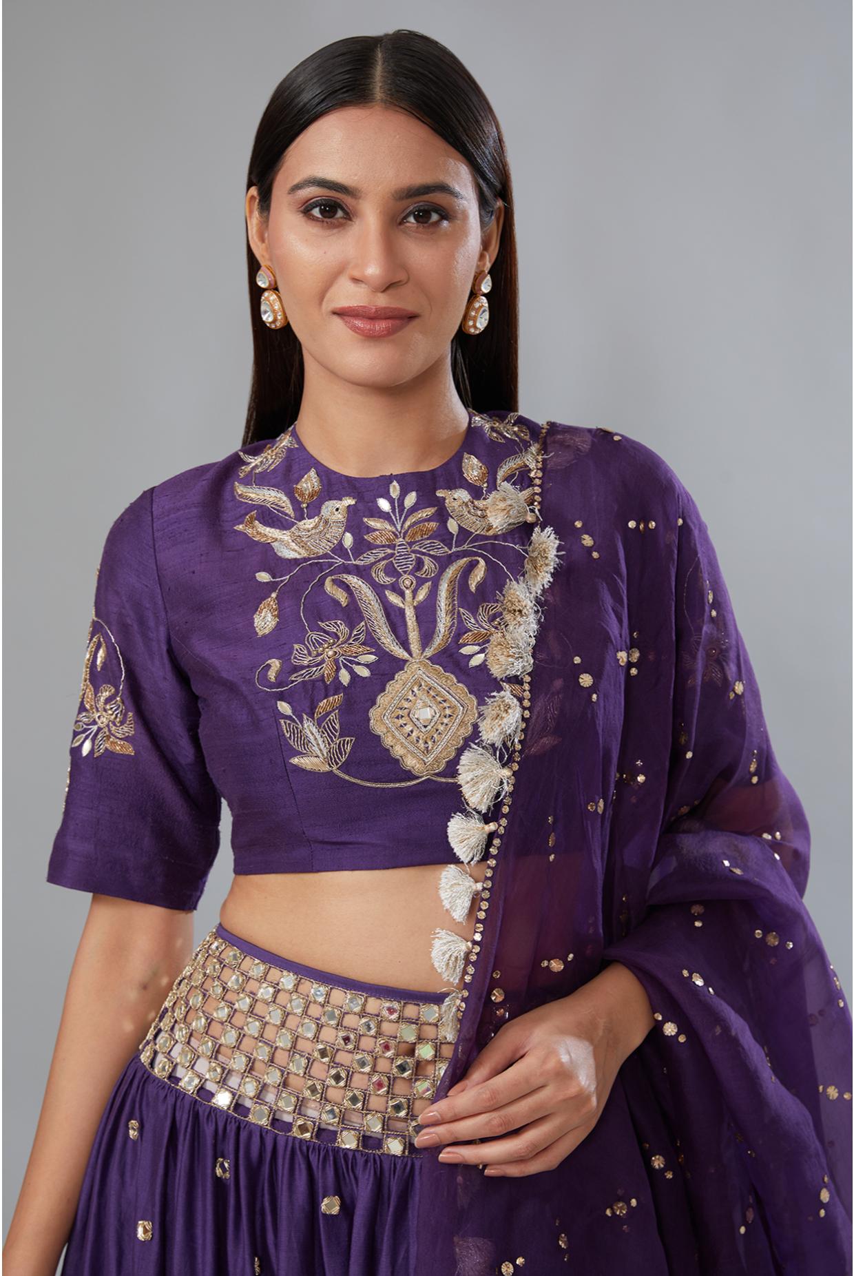 PURPLE EMBROIDERED CHOLI WITH CUTWORK BELT LEHENGA & DUPATTA