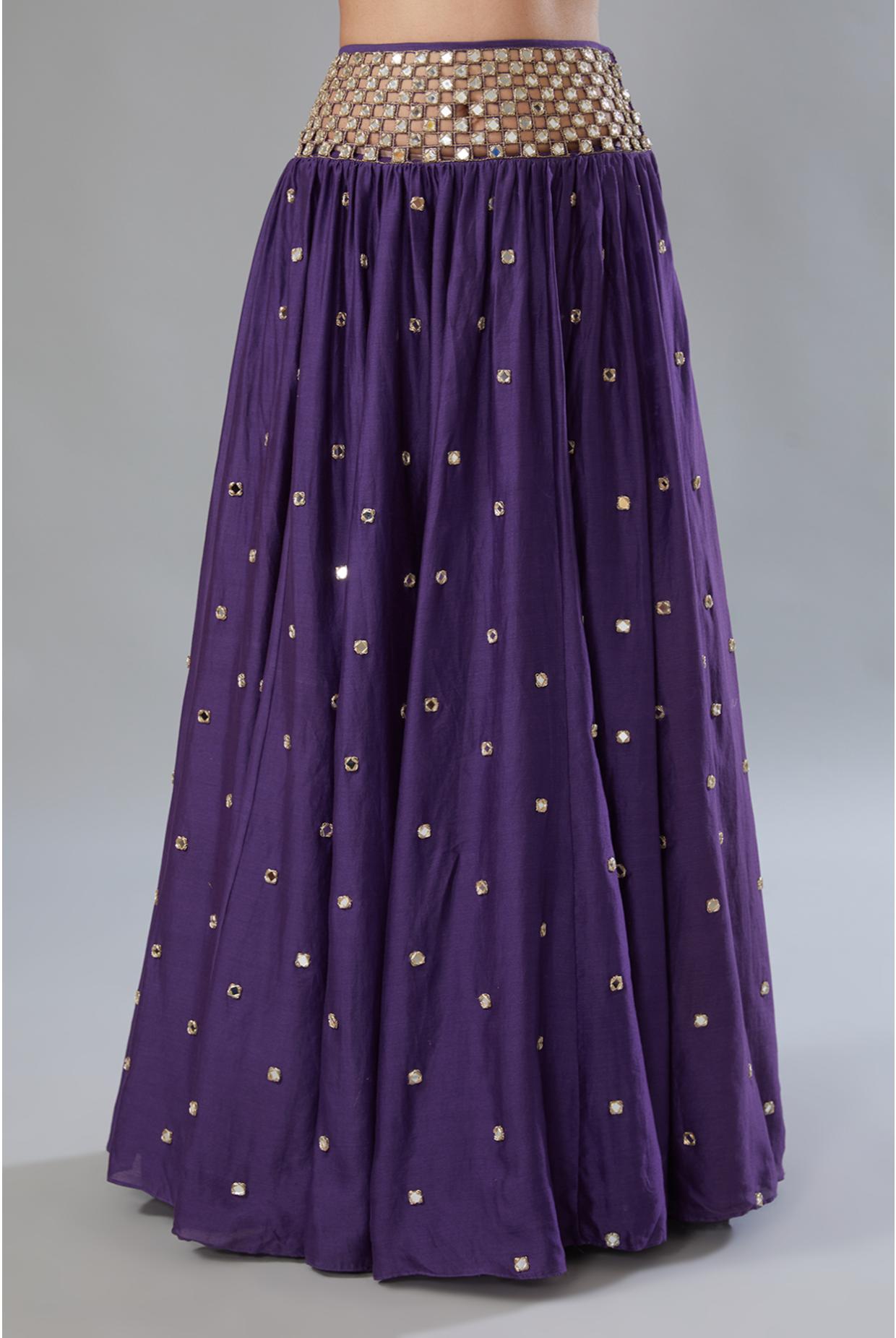 PURPLE EMBROIDERED CHOLI WITH CUTWORK BELT LEHENGA & DUPATTA