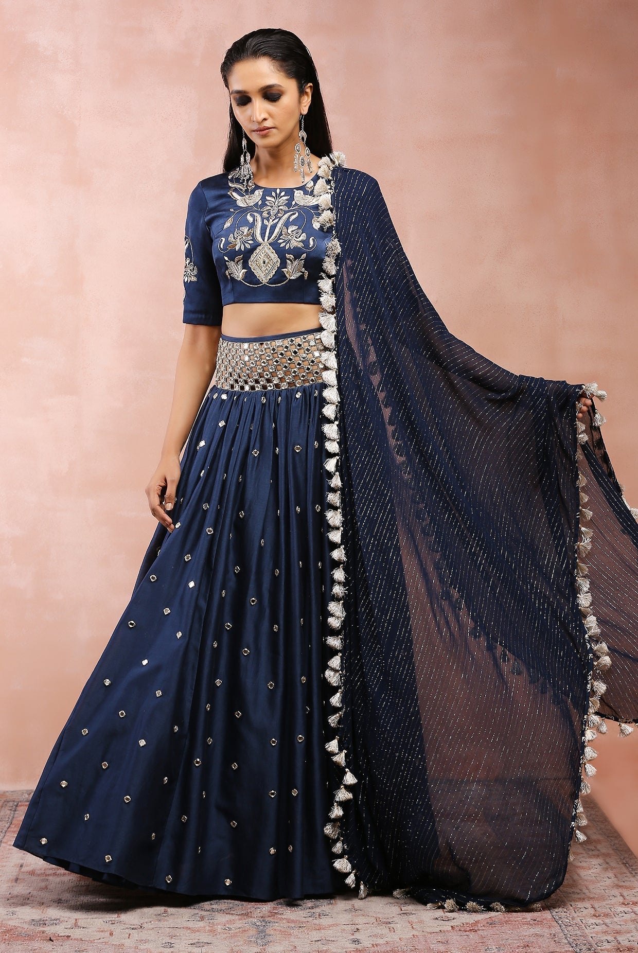 NAVY EMBROIDERED CHOLI AND CUTWORK BELT LEHENGA WITH DUPATTA