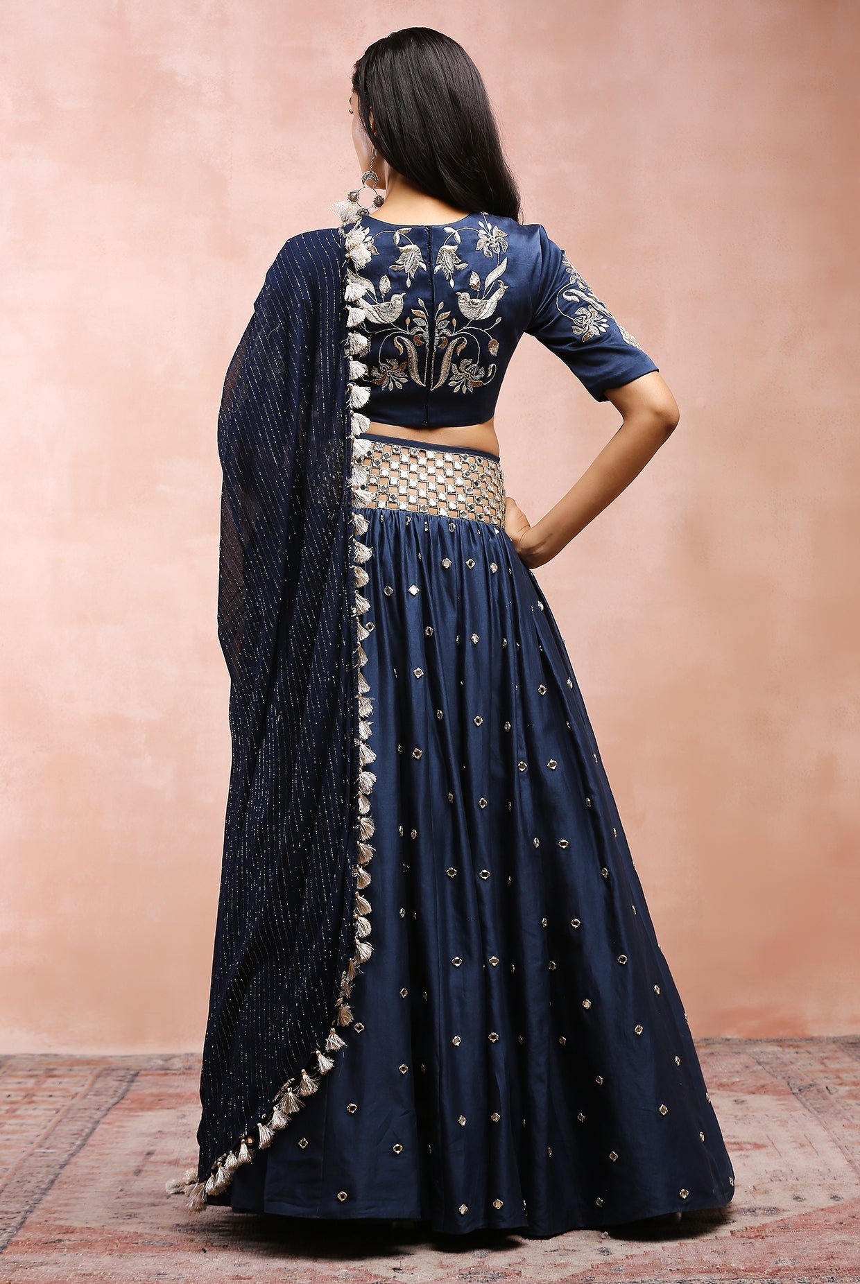 NAVY EMBROIDERED CHOLI AND CUTWORK BELT LEHENGA WITH DUPATTA