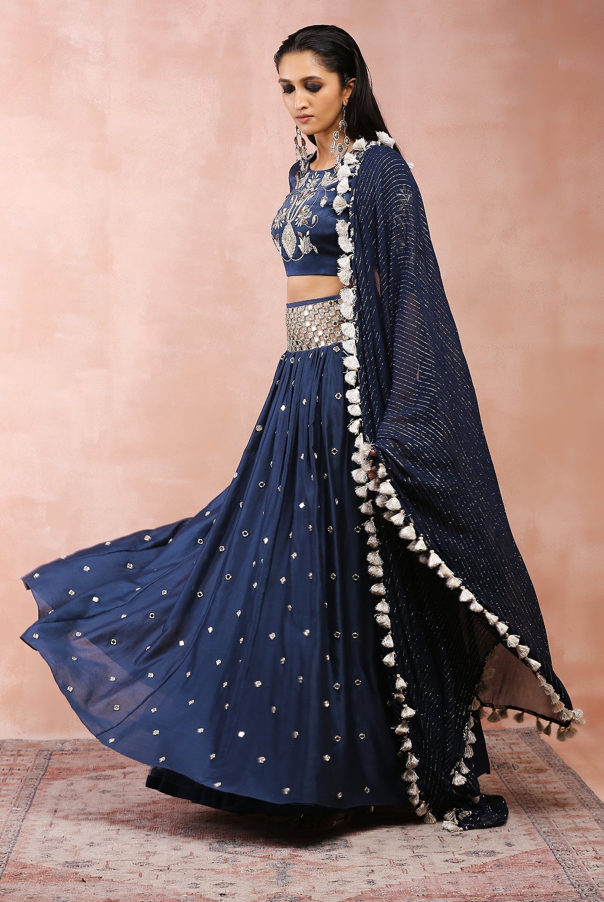 NAVY EMBROIDERED CHOLI AND CUTWORK BELT LEHENGA WITH DUPATTA