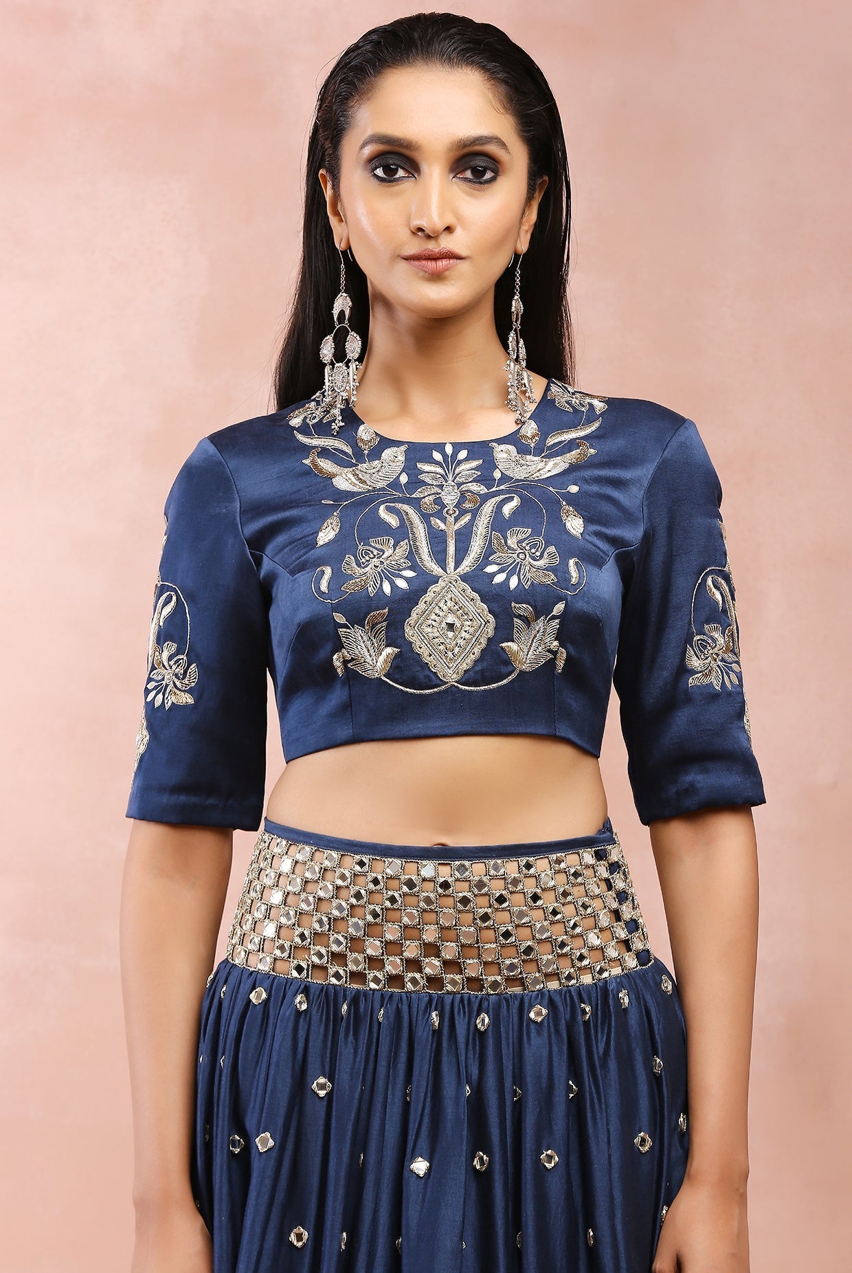 NAVY EMBROIDERED CHOLI AND CUTWORK BELT LEHENGA WITH DUPATTA