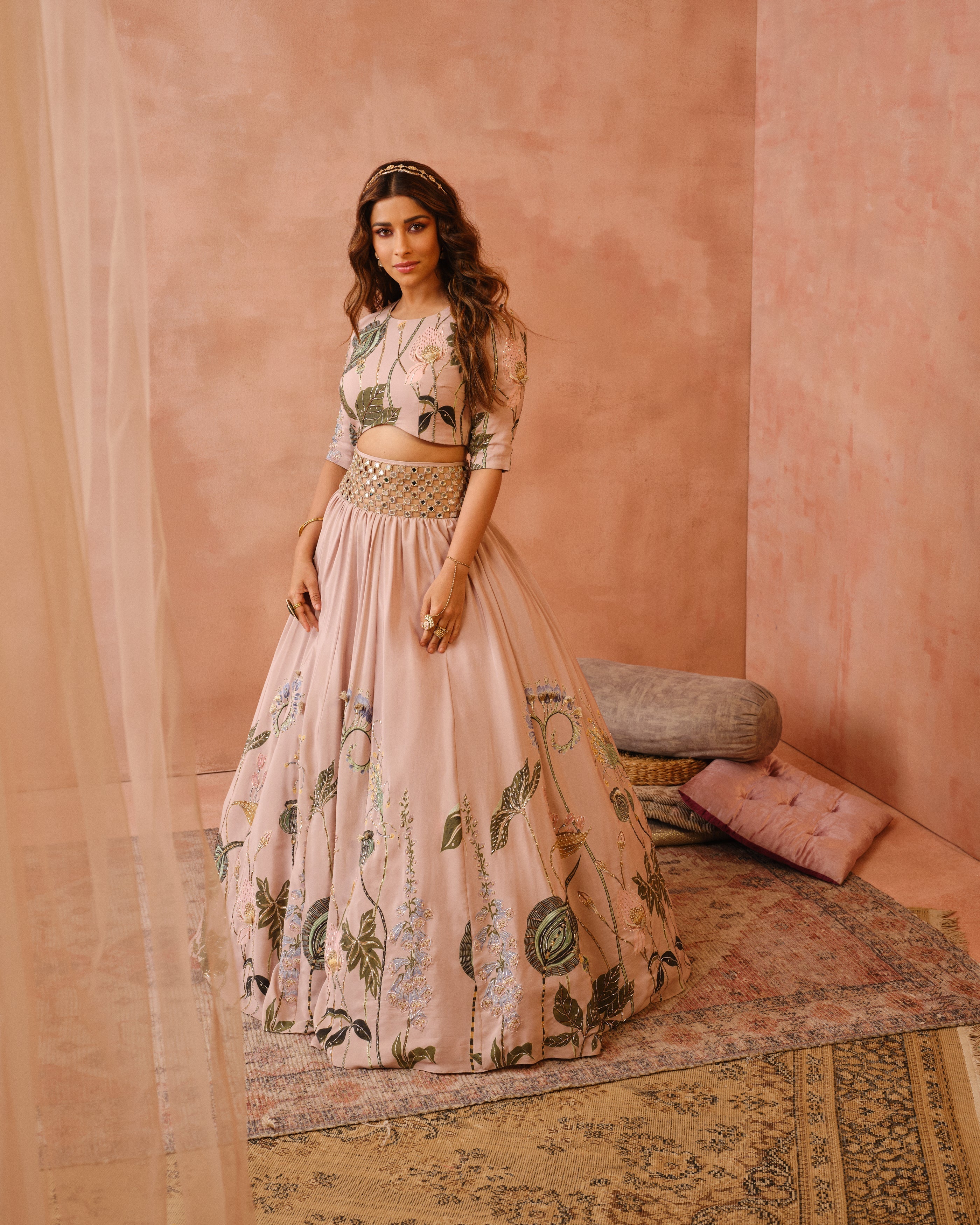 Rose pink niloufar print embroidered choli and lehenga with belt and dupatta