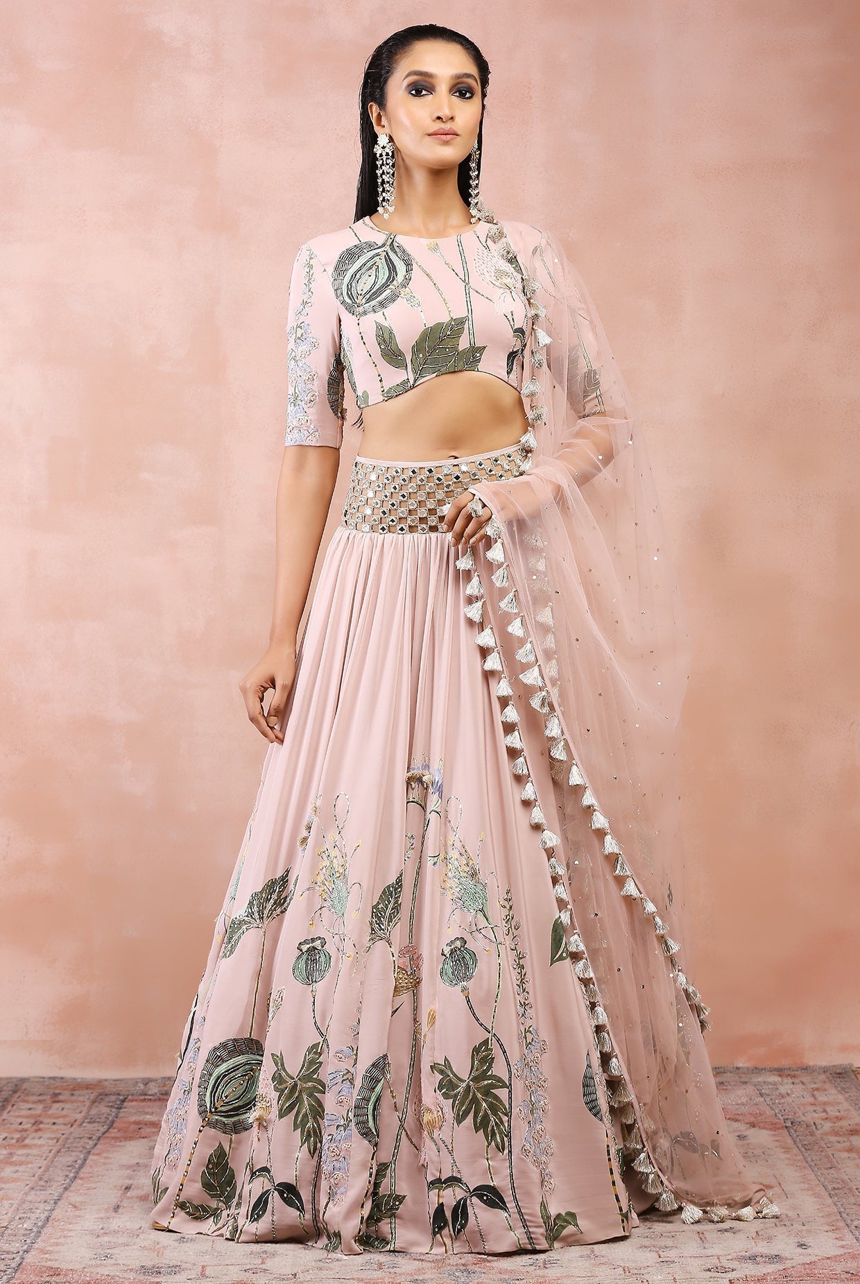 Rose pink niloufar print embroidered choli and lehenga with belt and dupatta