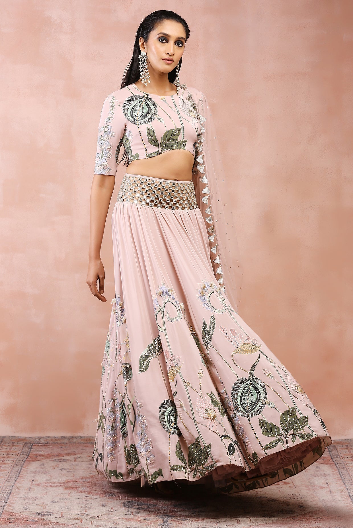 Rose pink niloufar print embroidered choli and lehenga with belt and dupatta