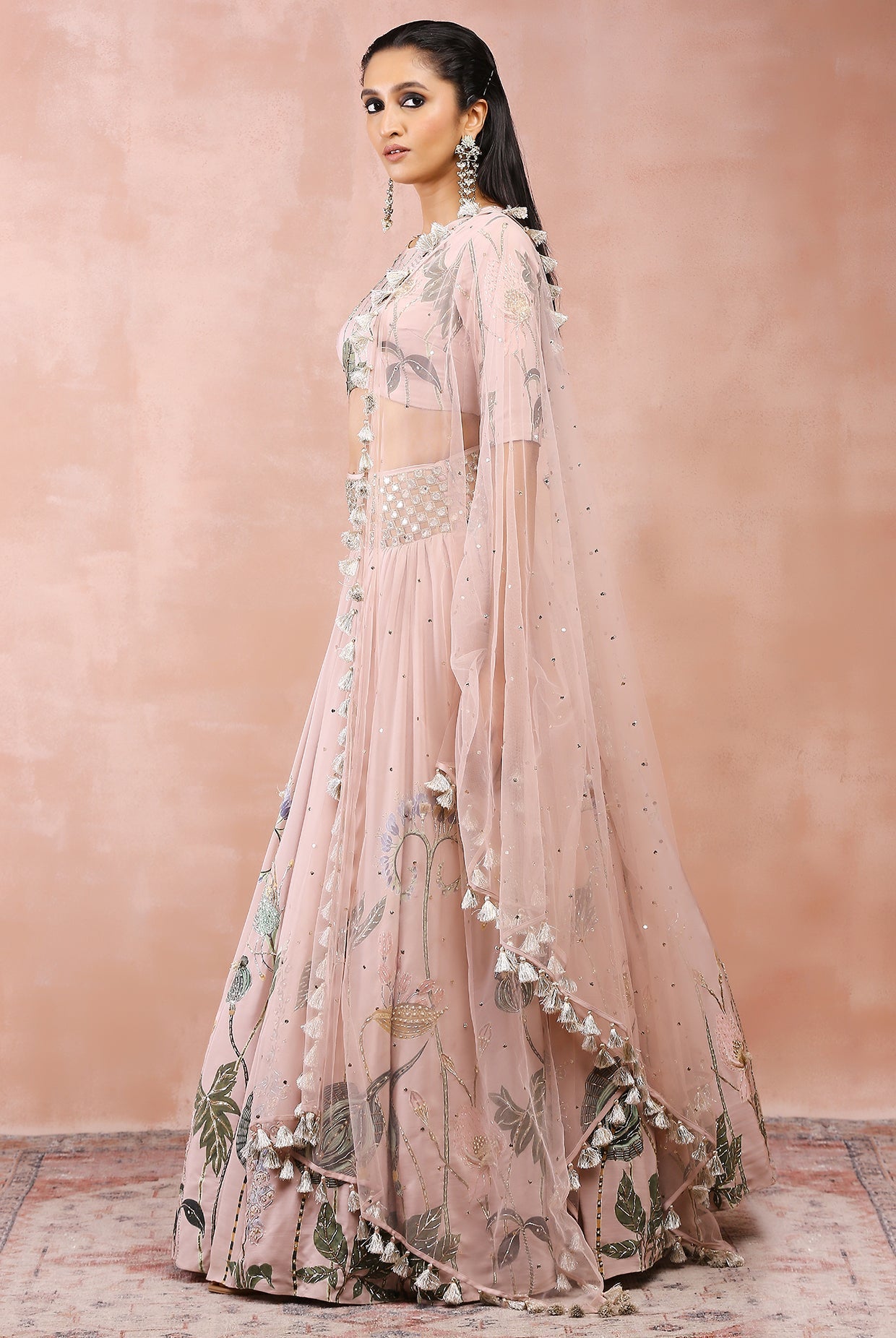 Rose pink niloufar print embroidered choli and lehenga with belt and dupatta