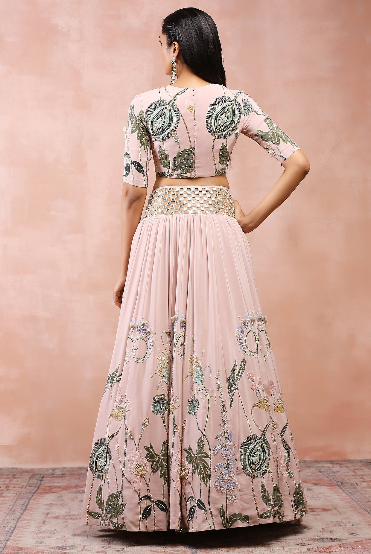 Rose pink niloufar print embroidered choli and lehenga with belt and dupatta