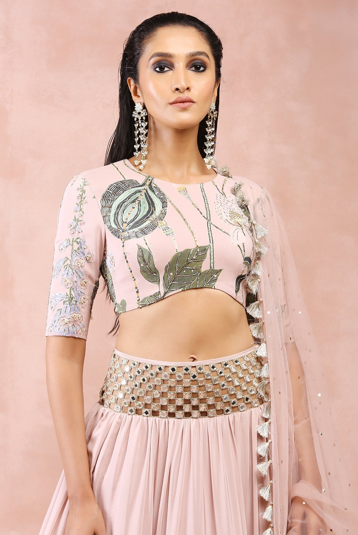 Rose pink niloufar print embroidered choli and lehenga with belt and dupatta
