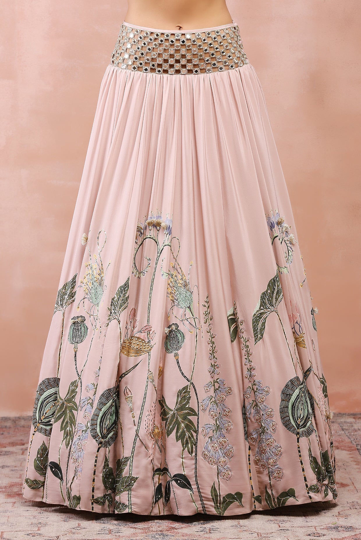 Rose pink niloufar print embroidered choli and lehenga with belt and dupatta