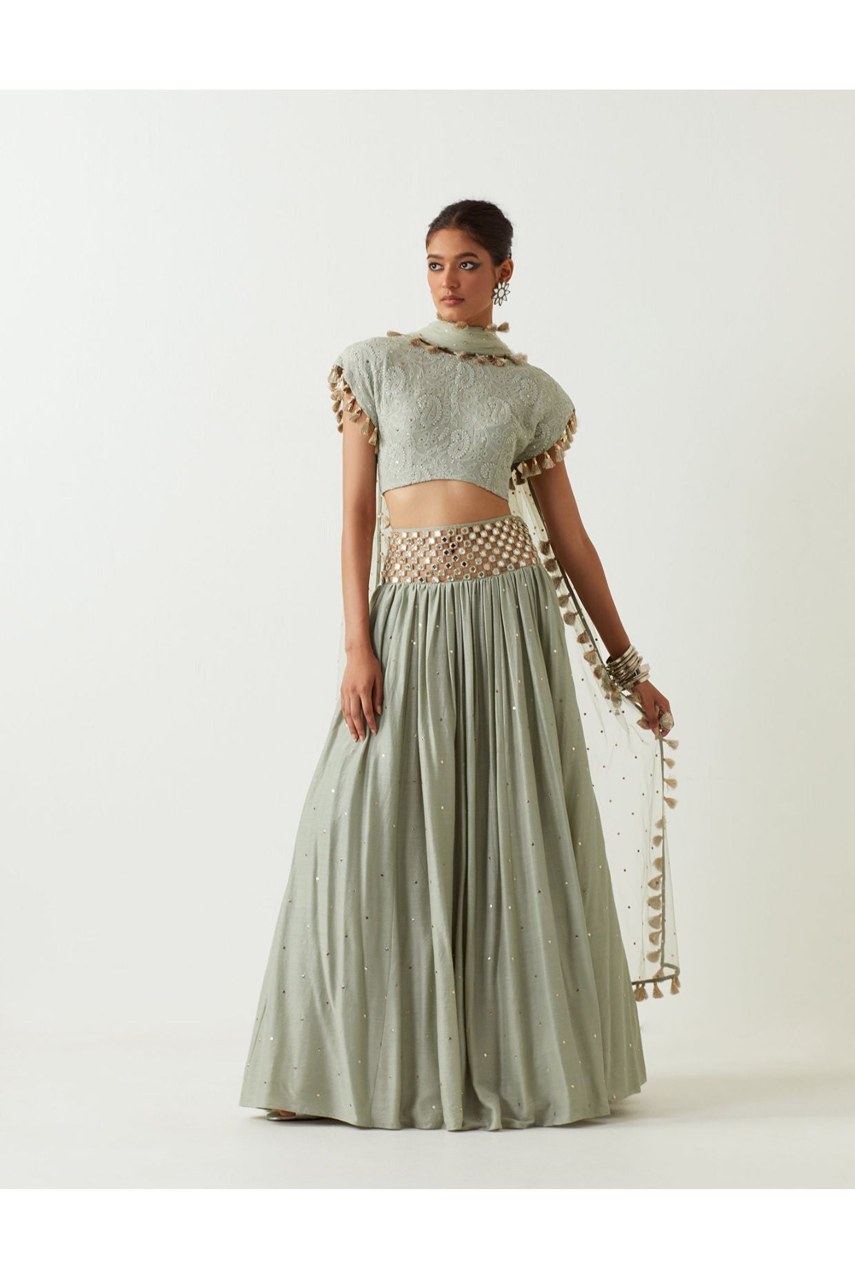 MINT CHIKANKARI CHOLI WITH EMBROIDERED BELT LEHENGA AND DUPATTA