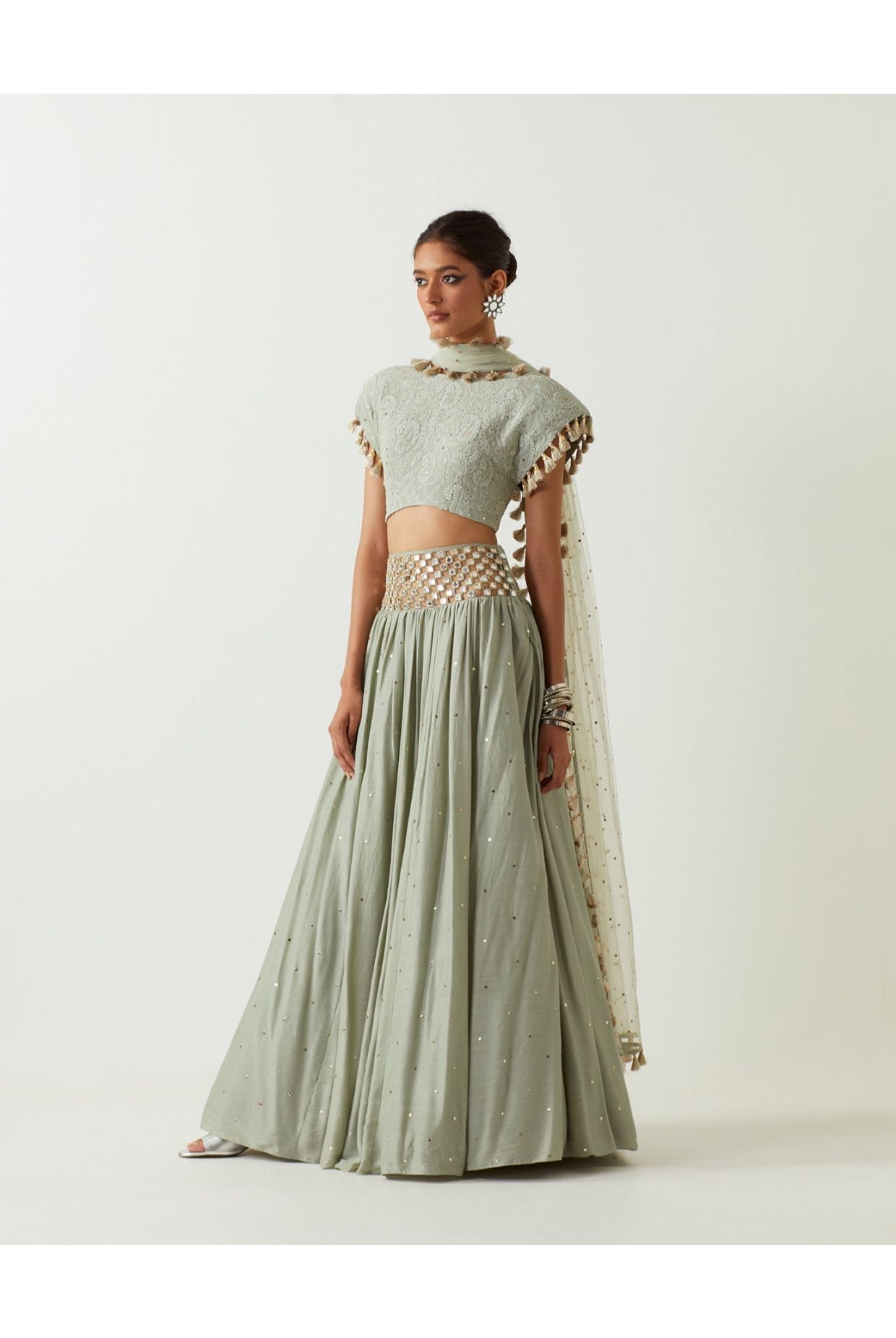 MINT CHIKANKARI CHOLI WITH EMBROIDERED BELT LEHENGA AND DUPATTA