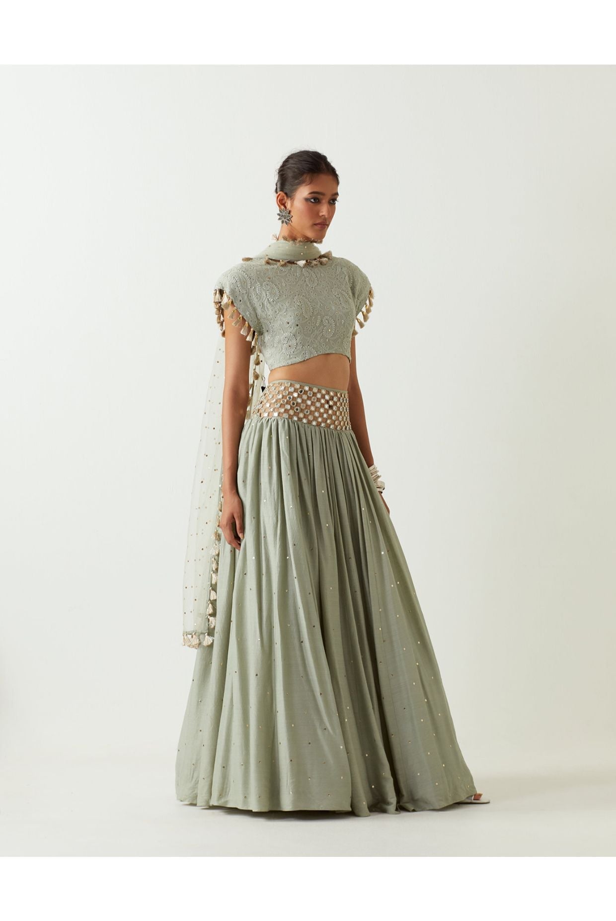 MINT CHIKANKARI CHOLI WITH EMBROIDERED BELT LEHENGA AND DUPATTA