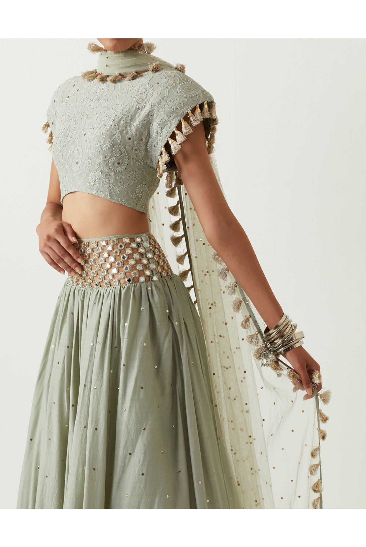 MINT CHIKANKARI CHOLI WITH EMBROIDERED BELT LEHENGA AND DUPATTA