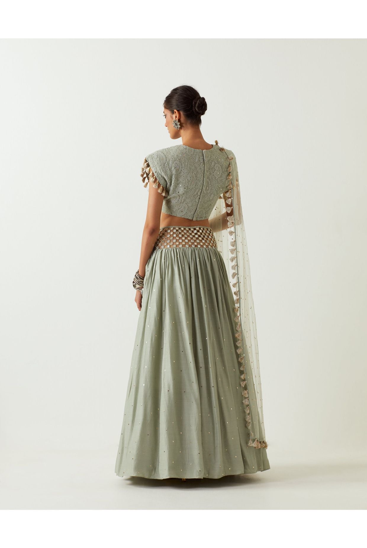 MINT CHIKANKARI CHOLI WITH EMBROIDERED BELT LEHENGA AND DUPATTA