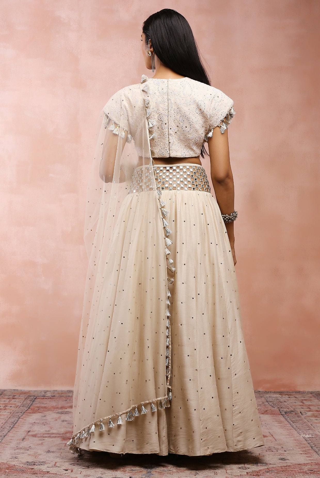 CREAM TOP WITH EMBROIDERED BELT LEHENGA AND DUPATTA