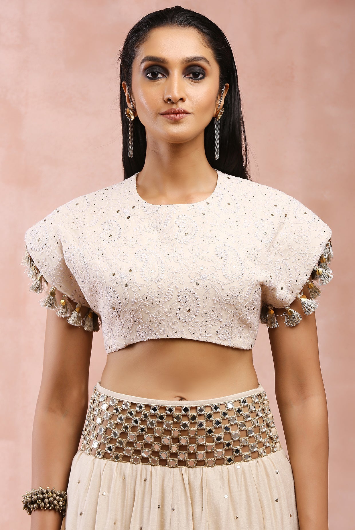 CREAM TOP WITH EMBROIDERED BELT LEHENGA AND DUPATTA