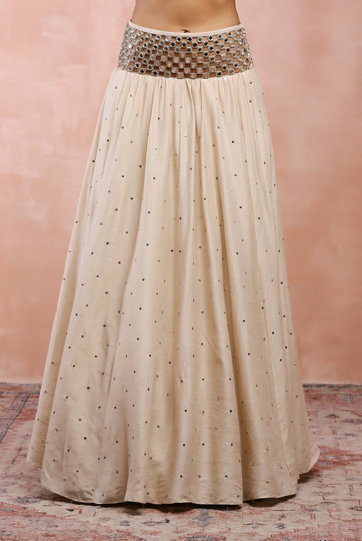 CREAM TOP WITH EMBROIDERED BELT LEHENGA AND DUPATTA