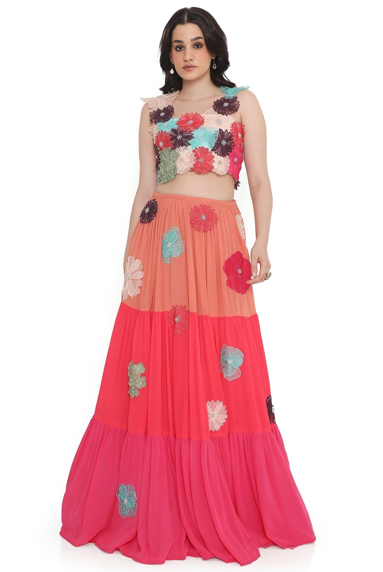 Off-White Embroidered Choli With Multi Colour Layered Lehenga.