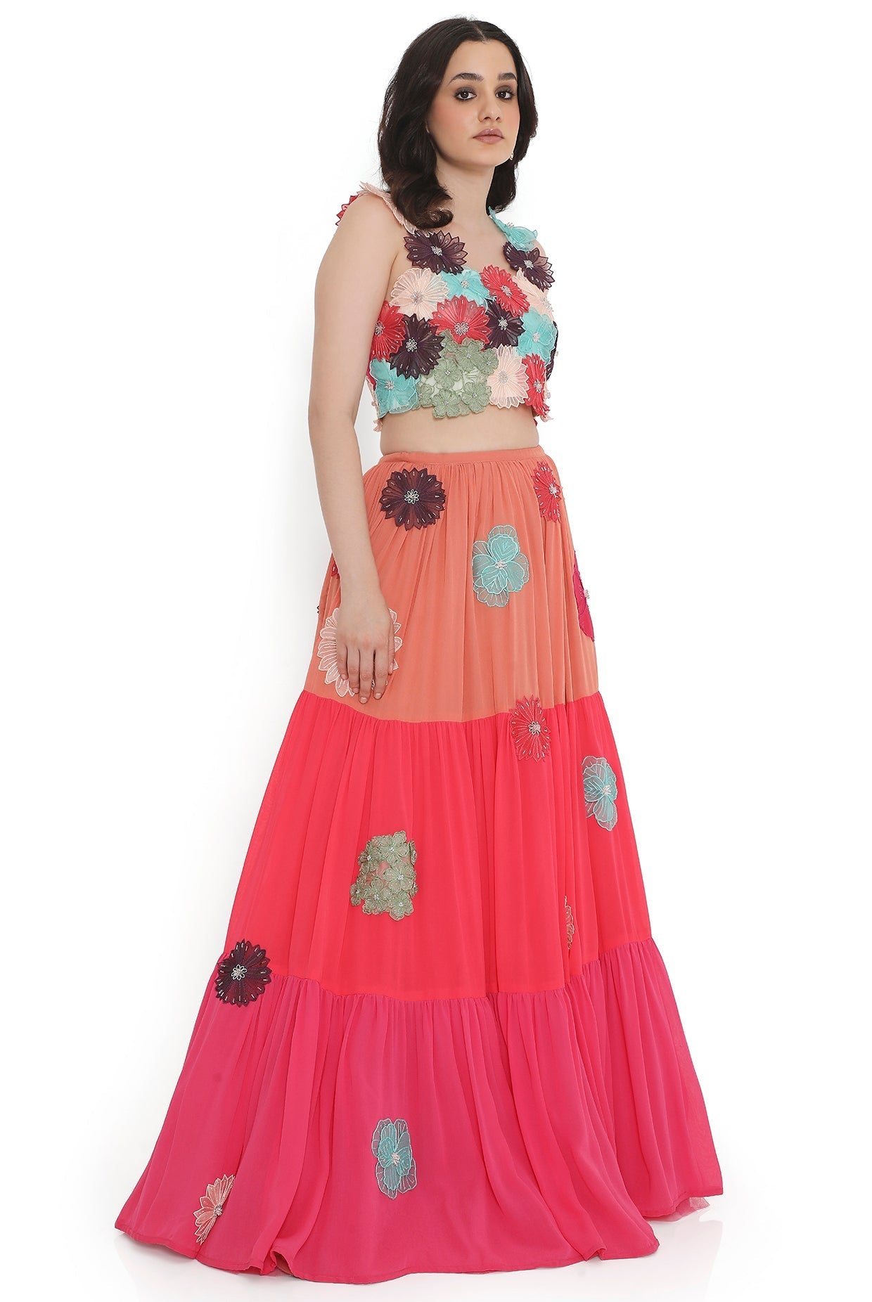Off-White Embroidered Choli With Multi Colour Layered Lehenga.