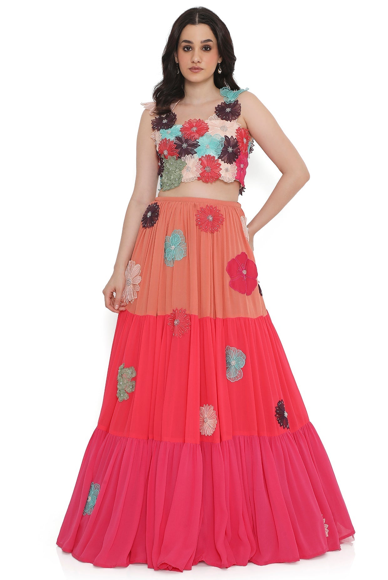Off-White Embroidered Choli With Multi Colour Layered Lehenga.