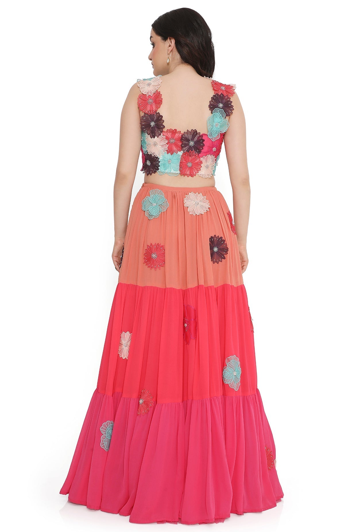 Off-White Embroidered Choli With Multi Colour Layered Lehenga.