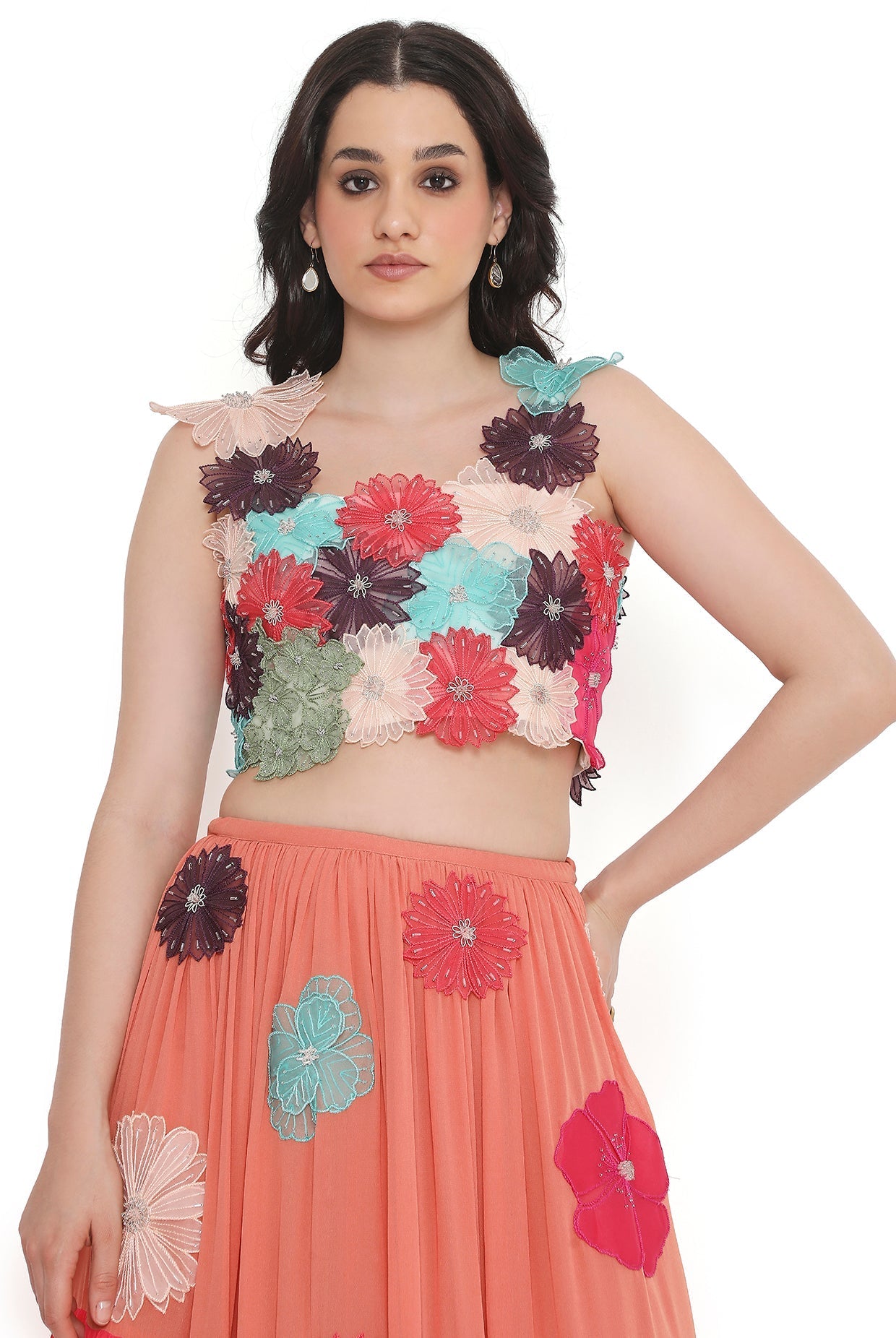 Off-White Embroidered Choli With Multi Colour Layered Lehenga.