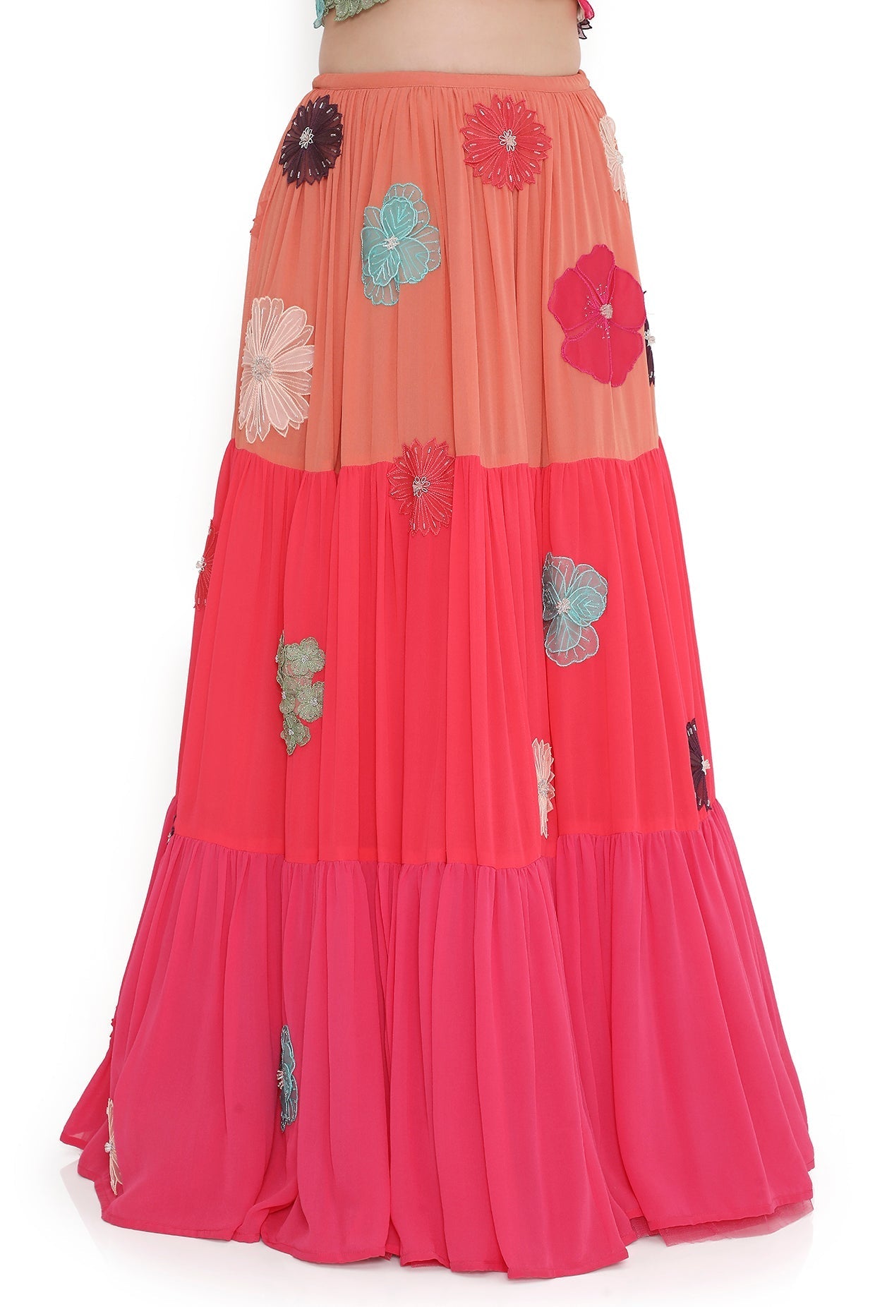 Off-White Embroidered Choli With Multi Colour Layered Lehenga.