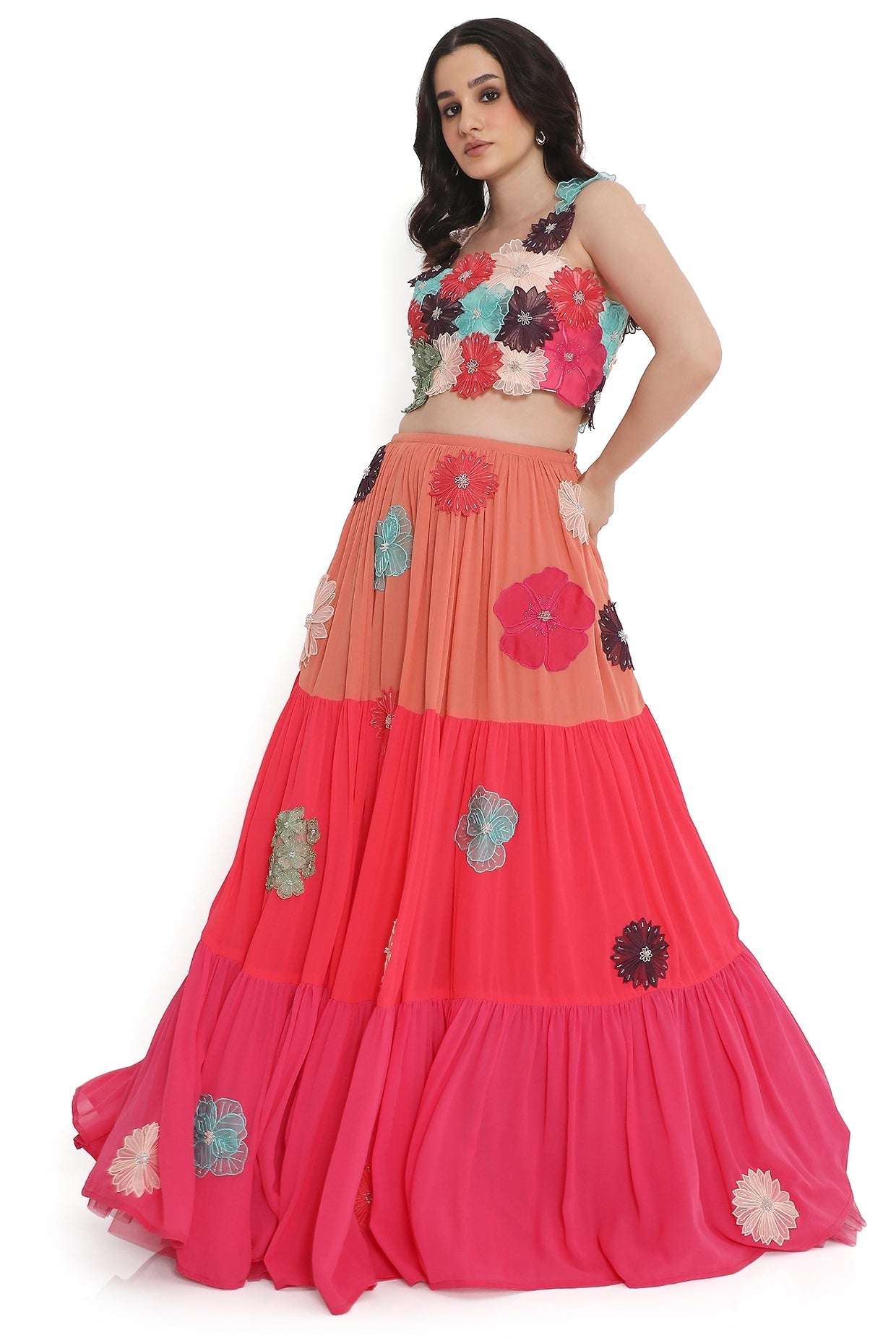 Off-White Embroidered Choli With Multi Colour Layered Lehenga.