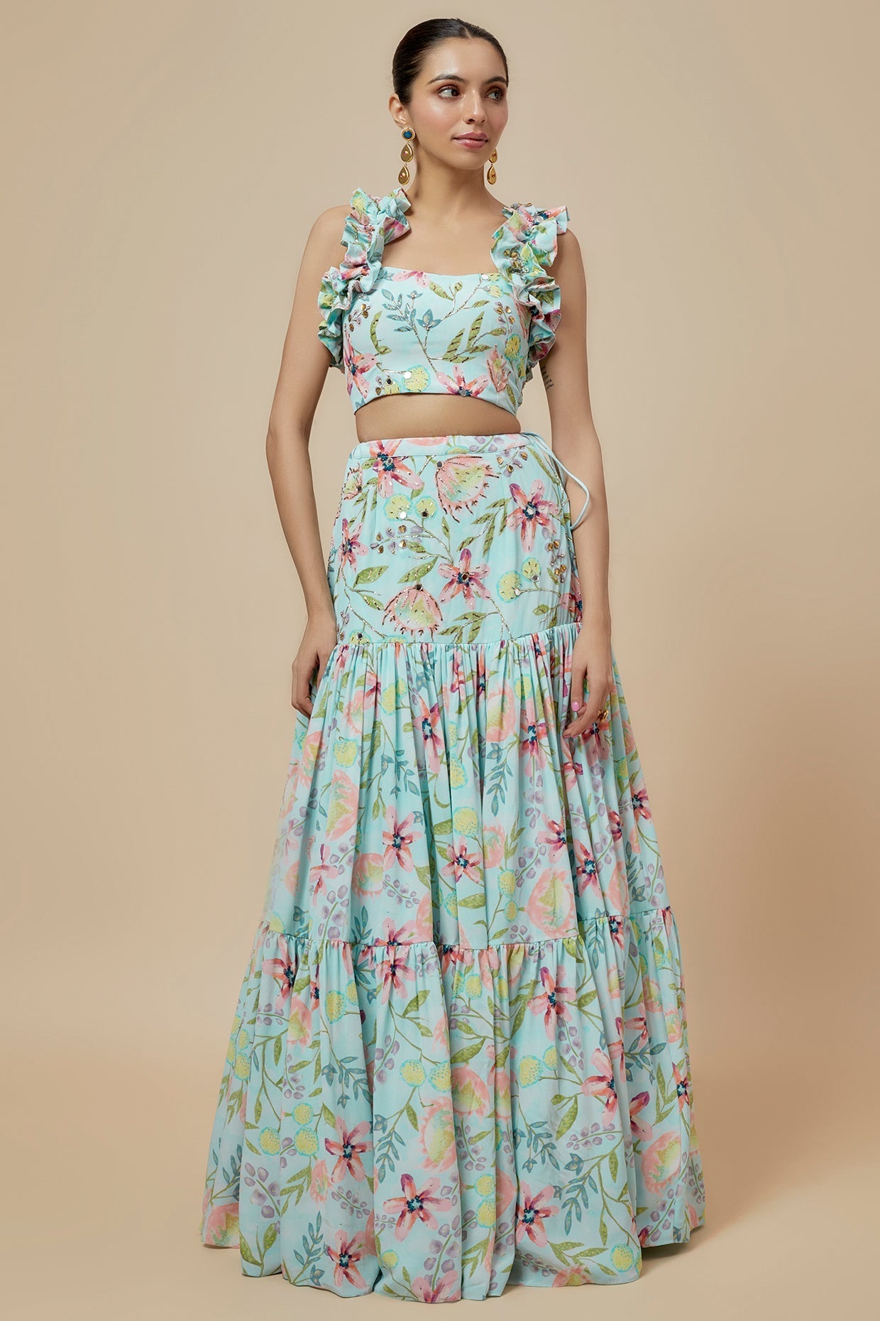 Lavender Printed Lifted Ruffled Choli And Lehenga