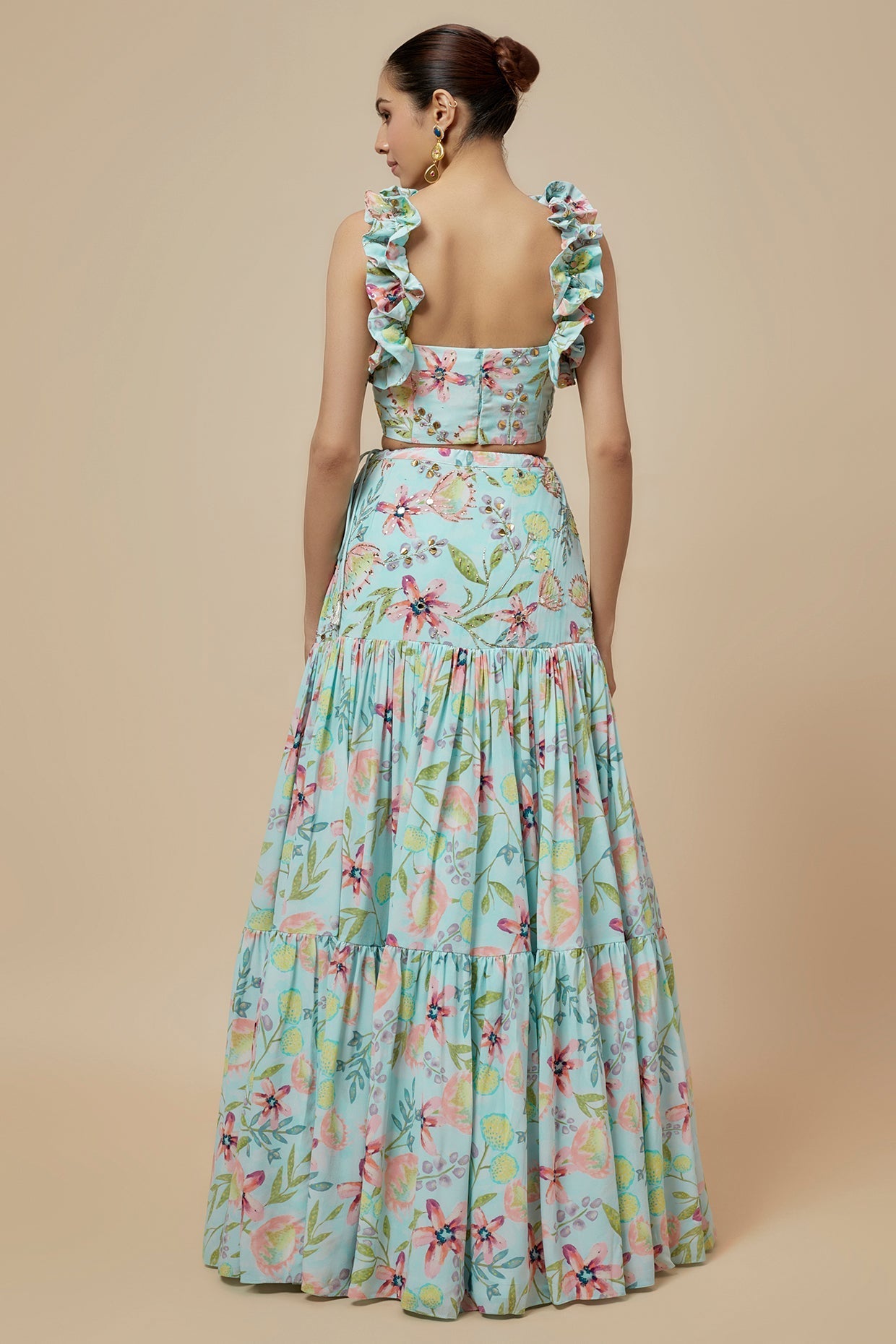 Lavender Printed Lifted Ruffled Choli And Lehenga