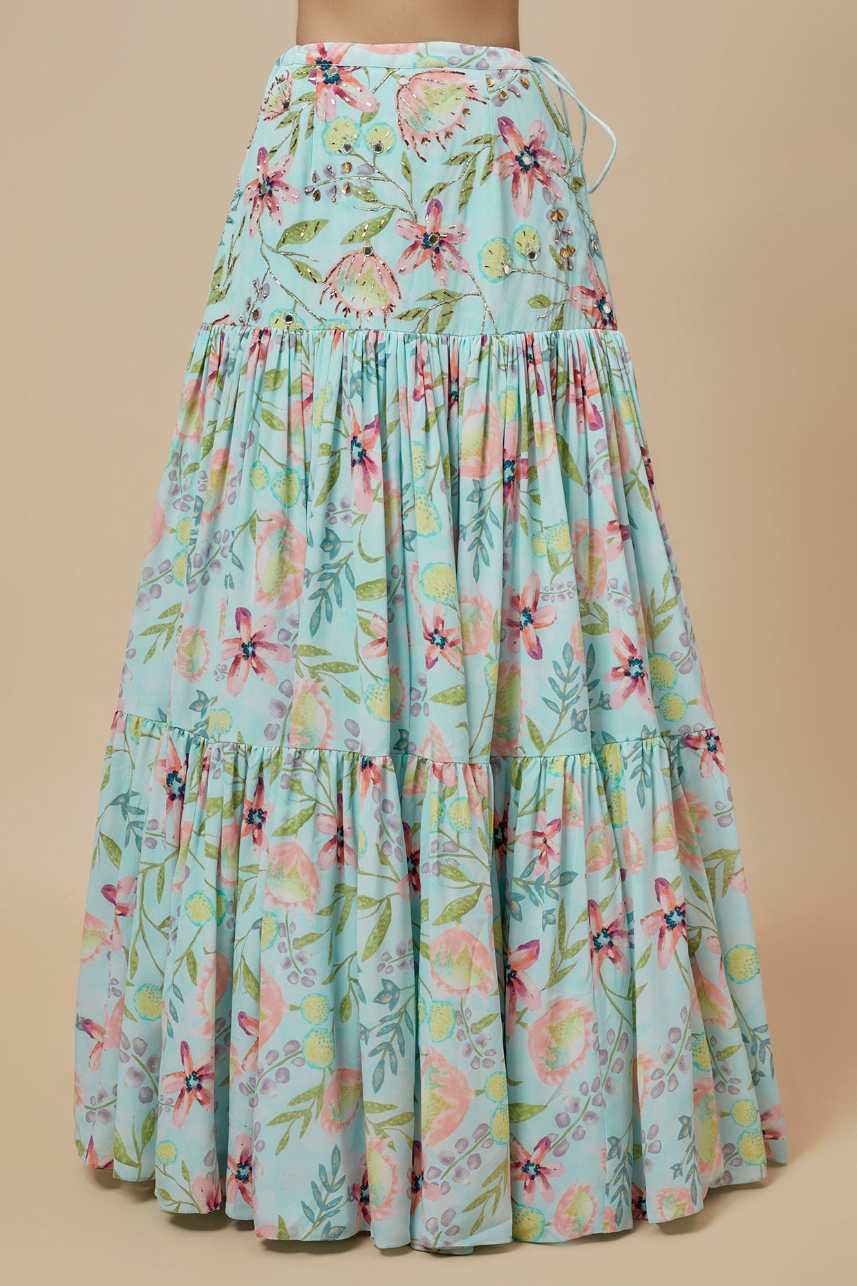 Lavender Printed Lifted Ruffled Choli And Lehenga