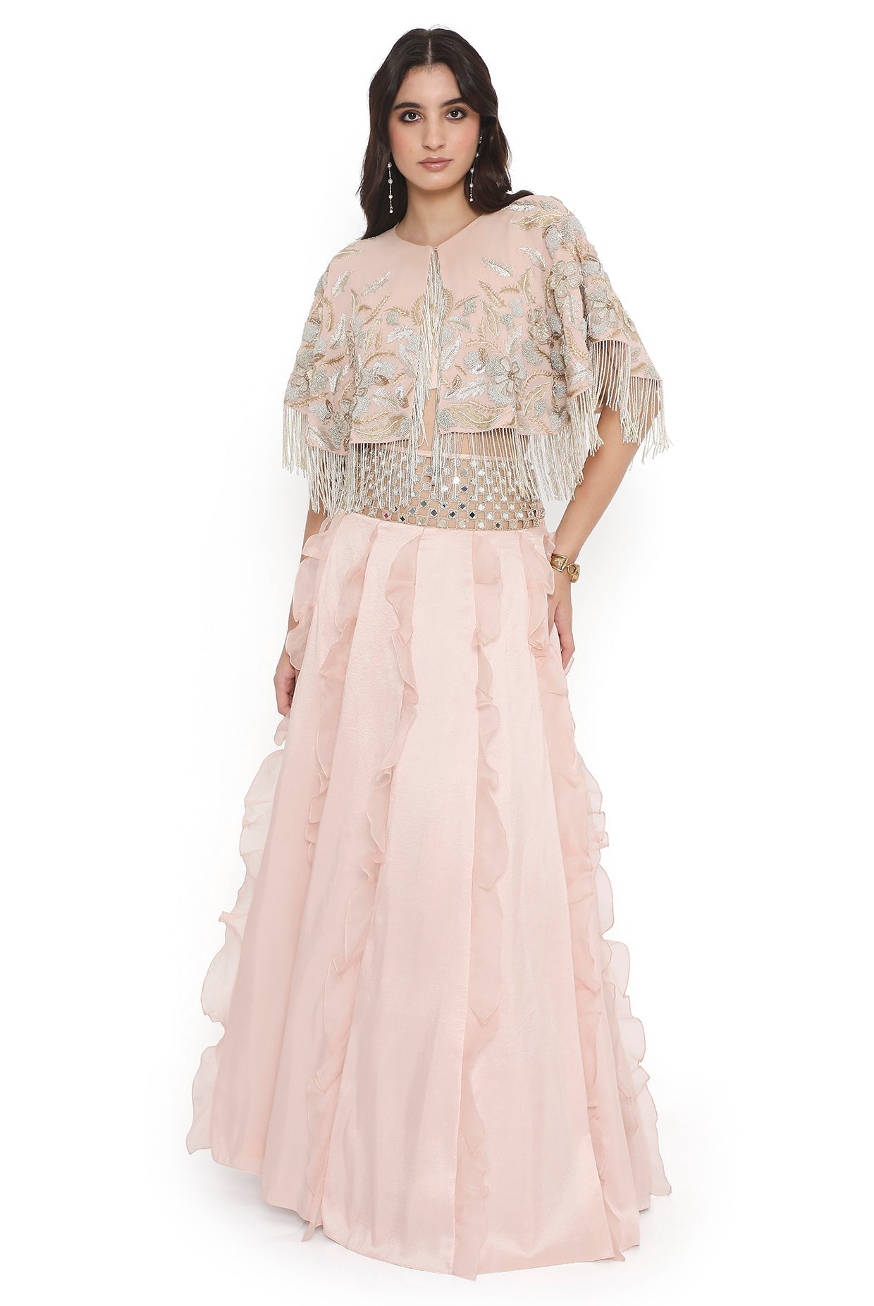 Blush Pink Embroidered Cape And Bustier With Ruffled Lehenga