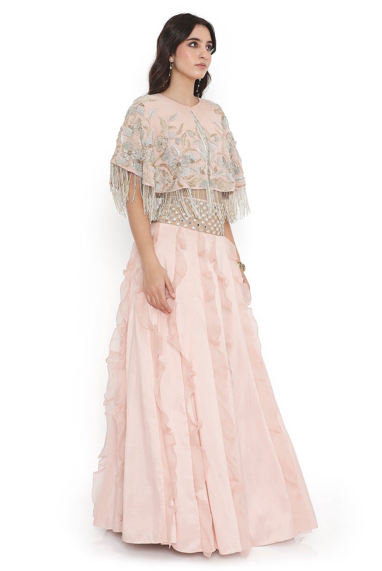Blush Pink Embroidered Cape And Bustier With Ruffled Lehenga
