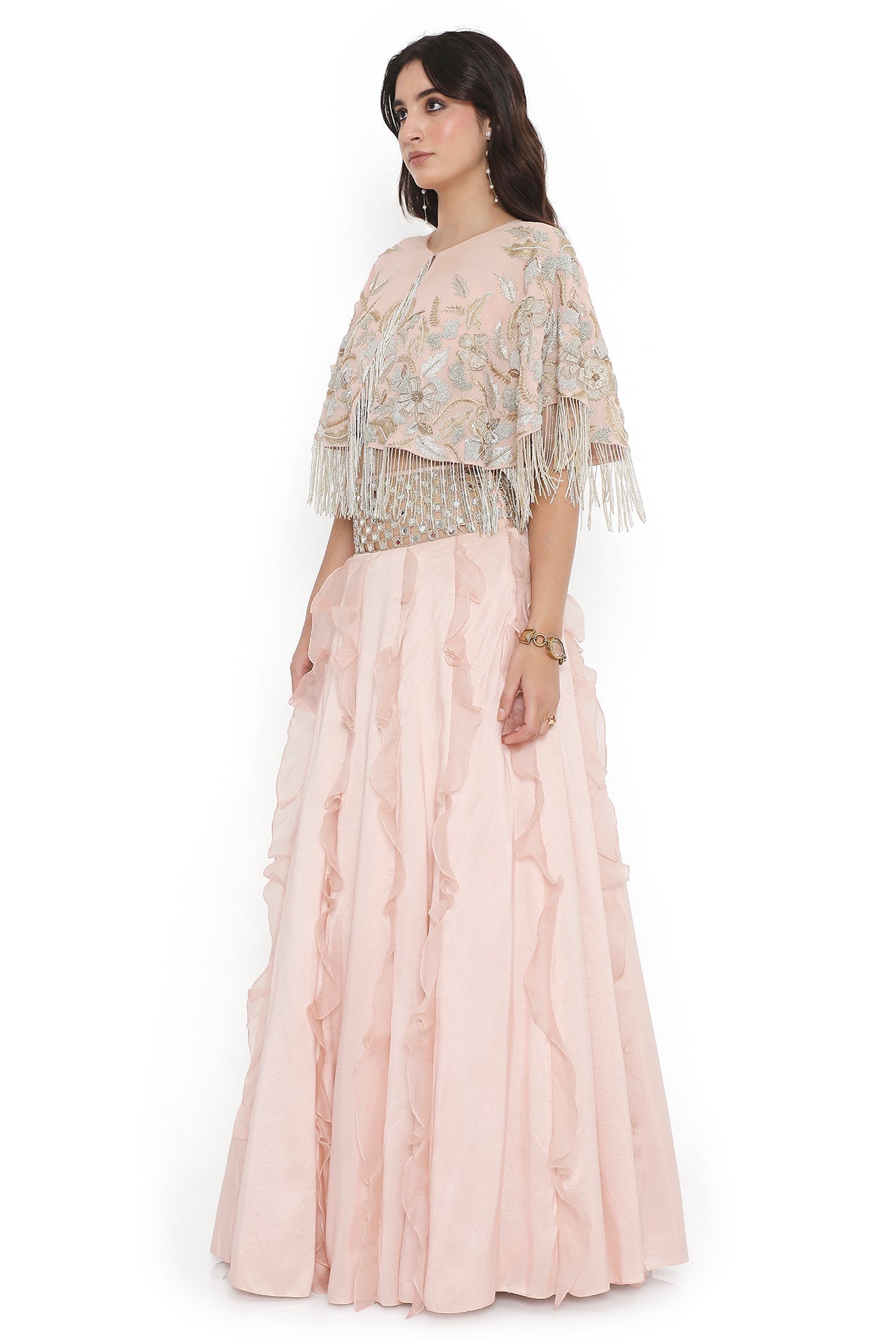 Blush Pink Embroidered Cape And Bustier With Ruffled Lehenga