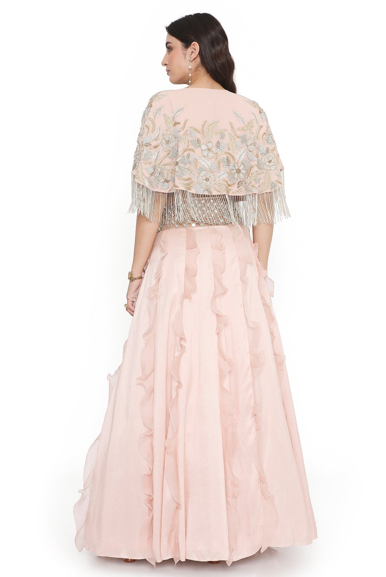 Blush Pink Embroidered Cape And Bustier With Ruffled Lehenga