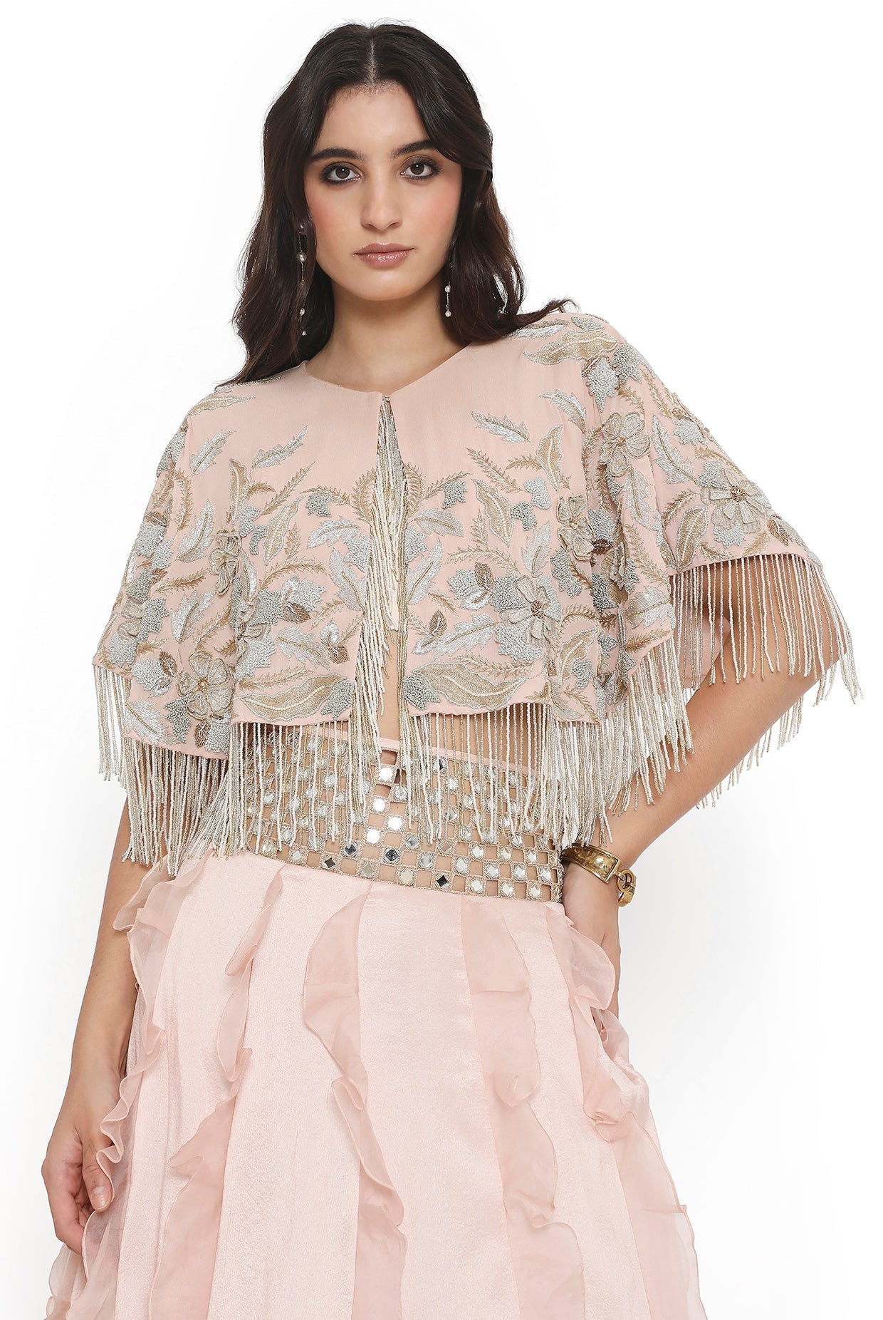 Blush Pink Embroidered Cape And Bustier With Ruffled Lehenga
