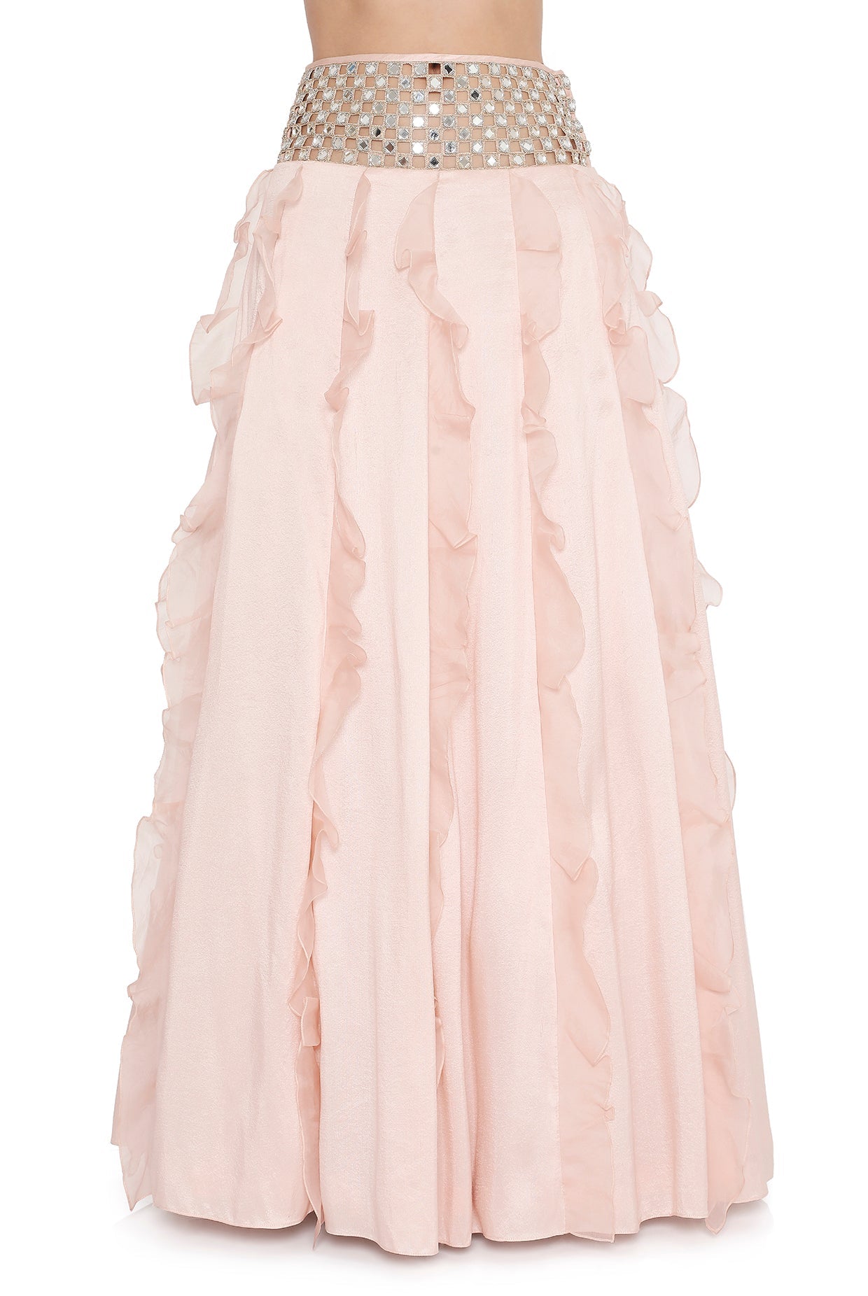 Blush Pink Embroidered Cape And Bustier With Ruffled Lehenga